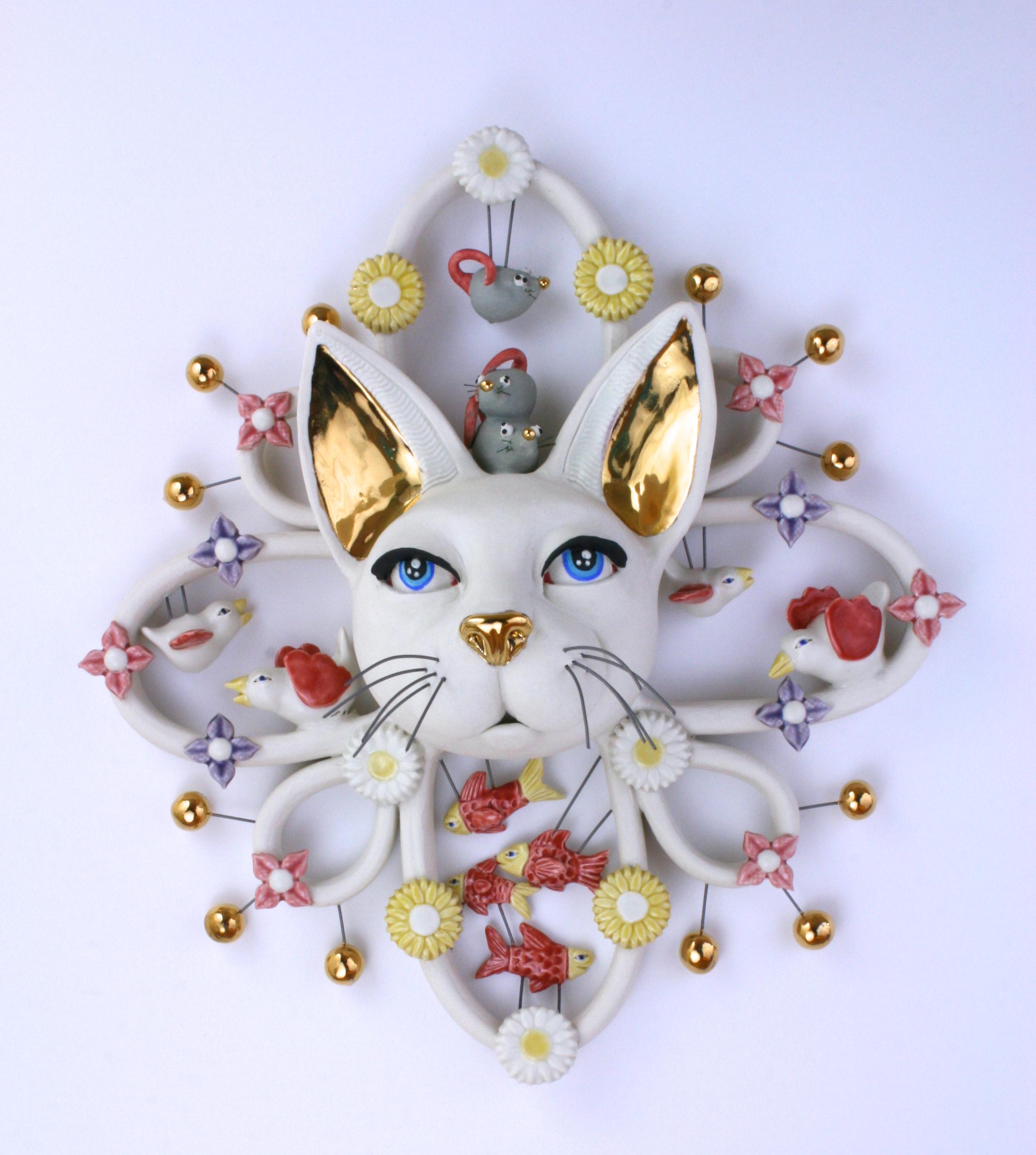 Taylor Robenalt Figurative Sculpture - CAT ATTACK - porcelain ceramic sculpture with cat, birds, mice, fish and flowers