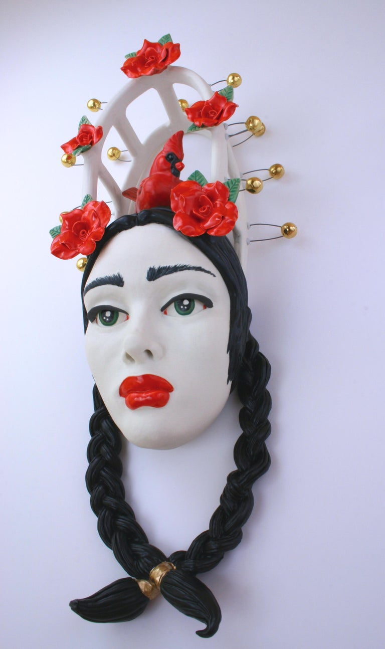 I AM RED HOT RED - porcelain ceramic sculpture with woman, cardinal and roses - Sculpture by Taylor Robenalt