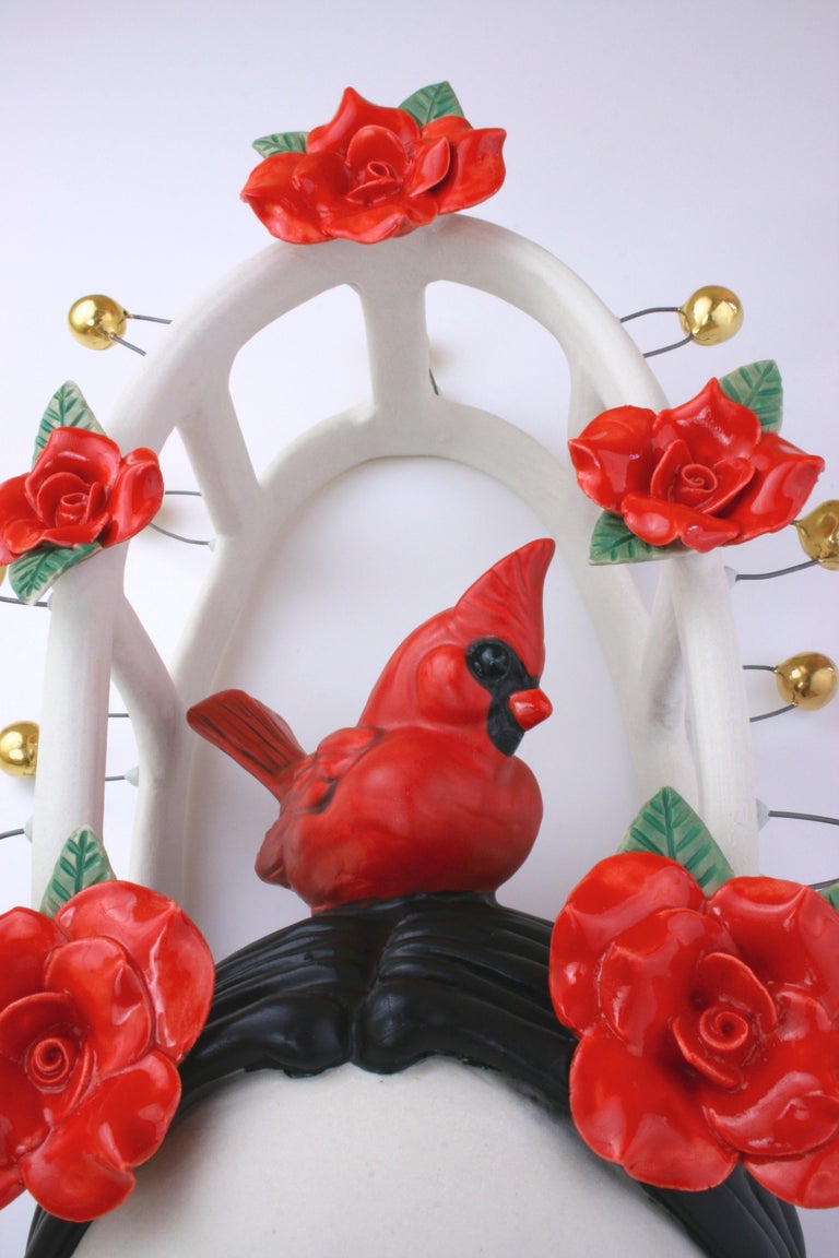 I AM RED HOT RED - porcelain ceramic sculpture with woman, cardinal and roses - White Figurative Sculpture by Taylor Robenalt