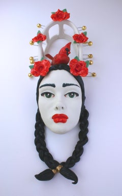 I AM RED HOT RED - porcelain ceramic sculpture with woman, cardinal and roses