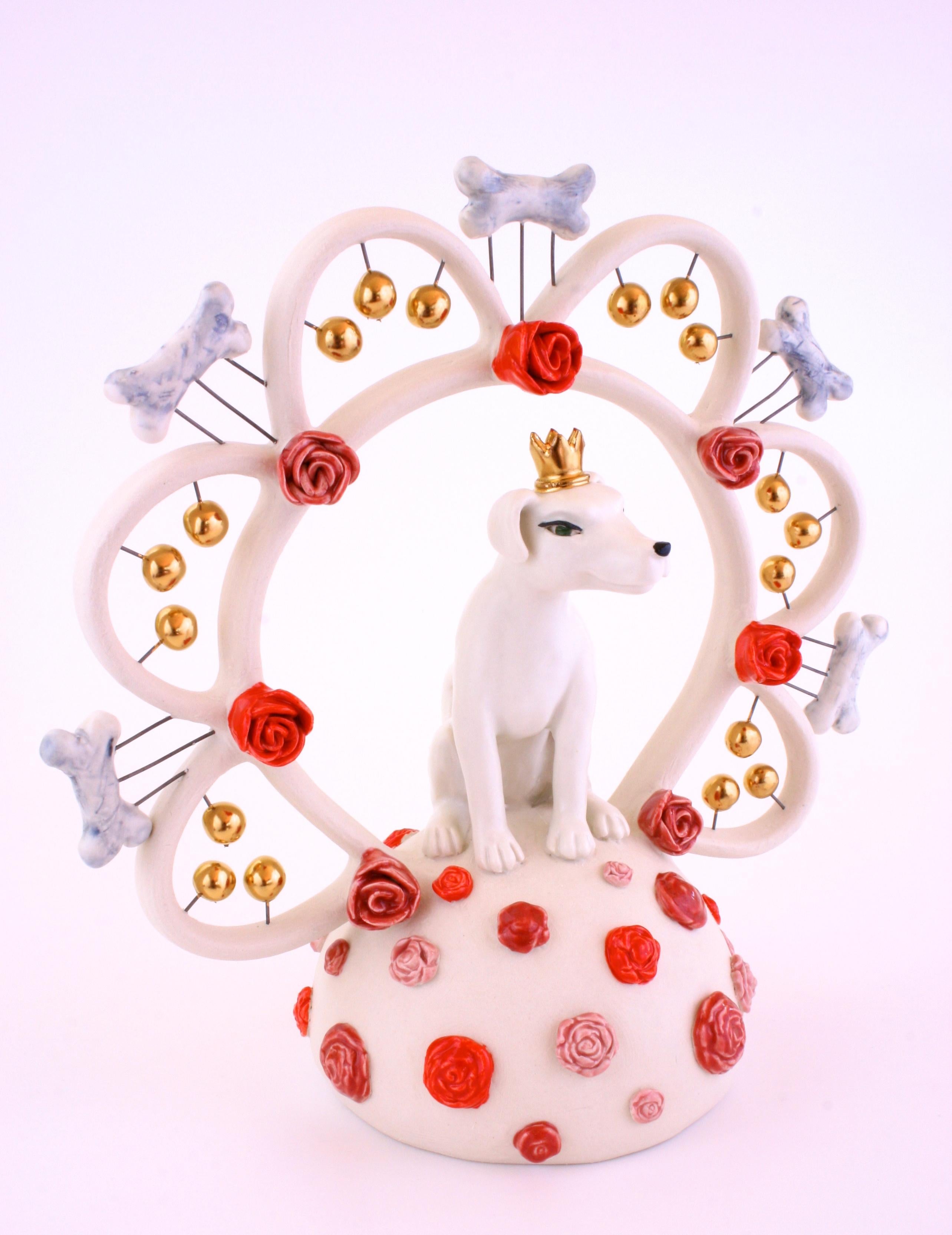 KING DOG BONE - porcelain ceramic sculpture of dog with crown, bones and roses - Sculpture by Taylor Robenalt