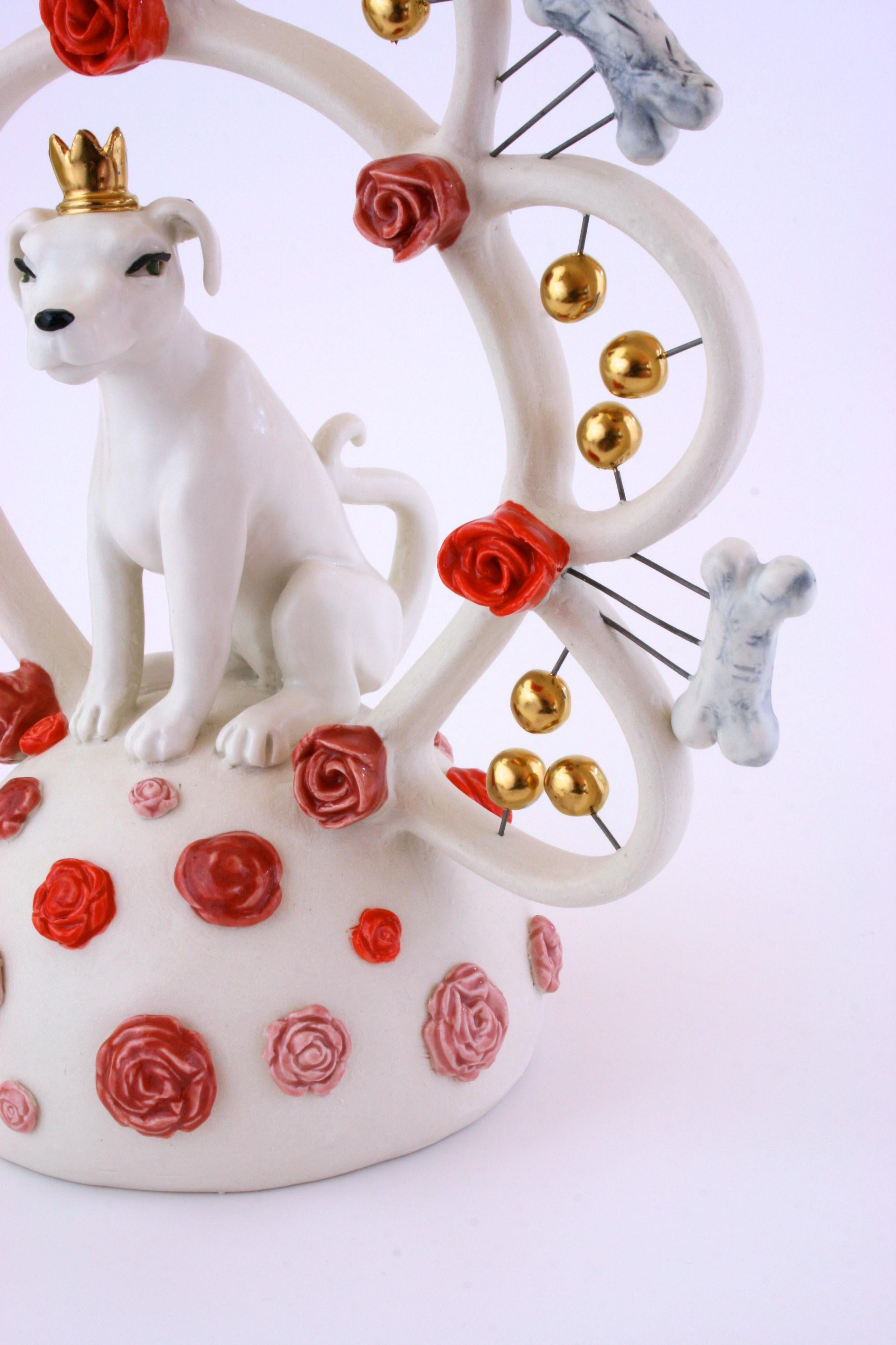 KING DOG BONE - porcelain ceramic sculpture of dog with crown, bones and roses - Pop Art Sculpture by Taylor Robenalt