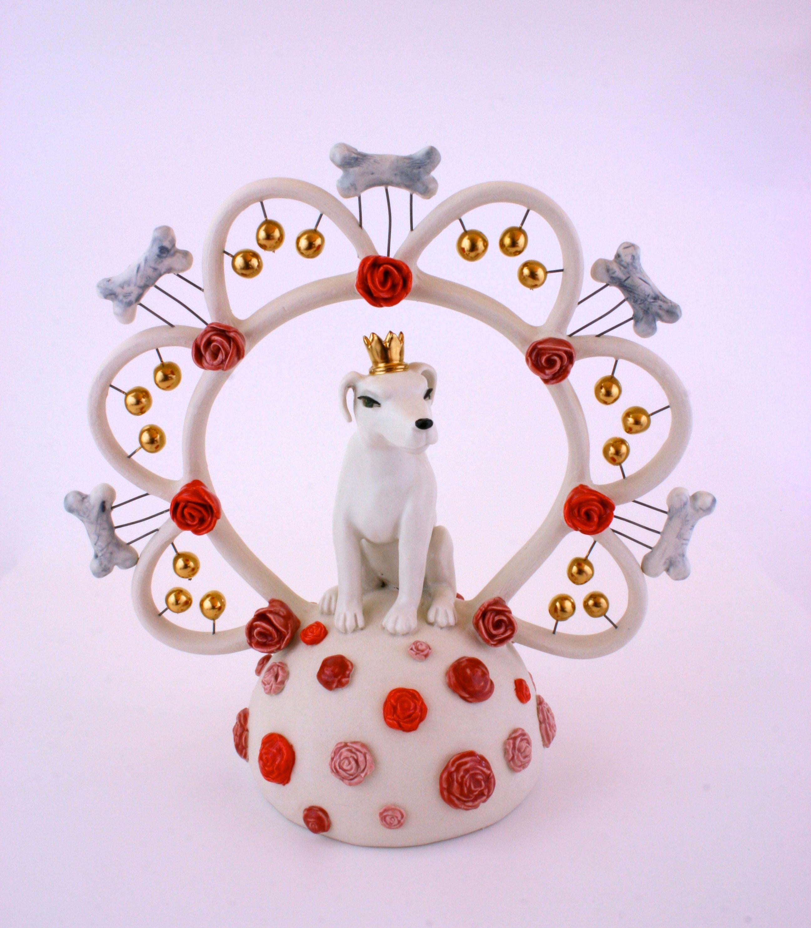 Taylor Robenalt Figurative Sculpture - KING DOG BONE - porcelain ceramic sculpture of dog with crown, bones and roses