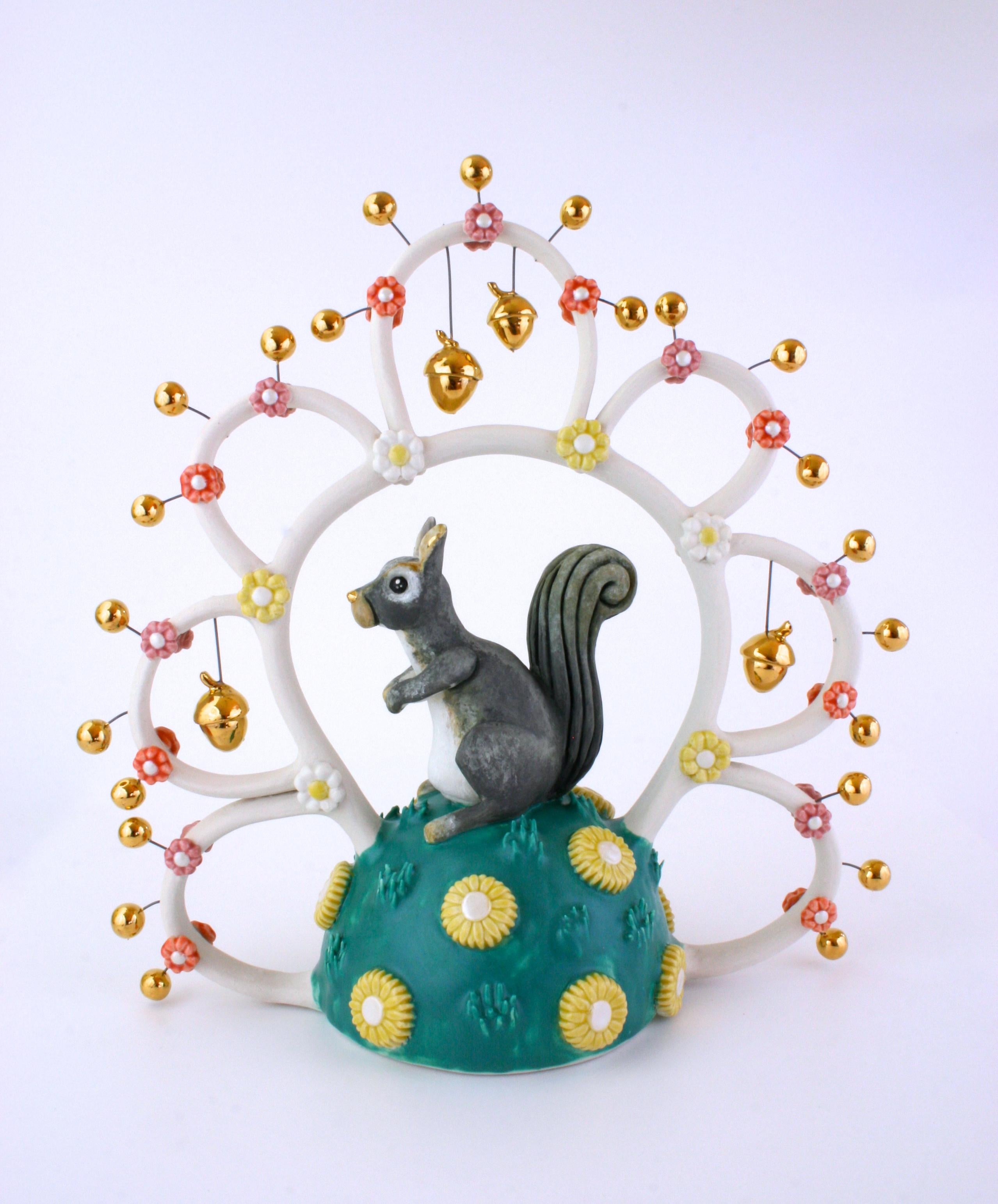 Taylor Robenalt Figurative Sculpture - NUTTY SQUIRREL - porcelain ceramic sculpture of squirrel with acorns and flowers