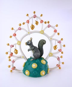 NUTTY SQUIRREL - porcelain ceramic sculpture of squirrel with acorns and flowers