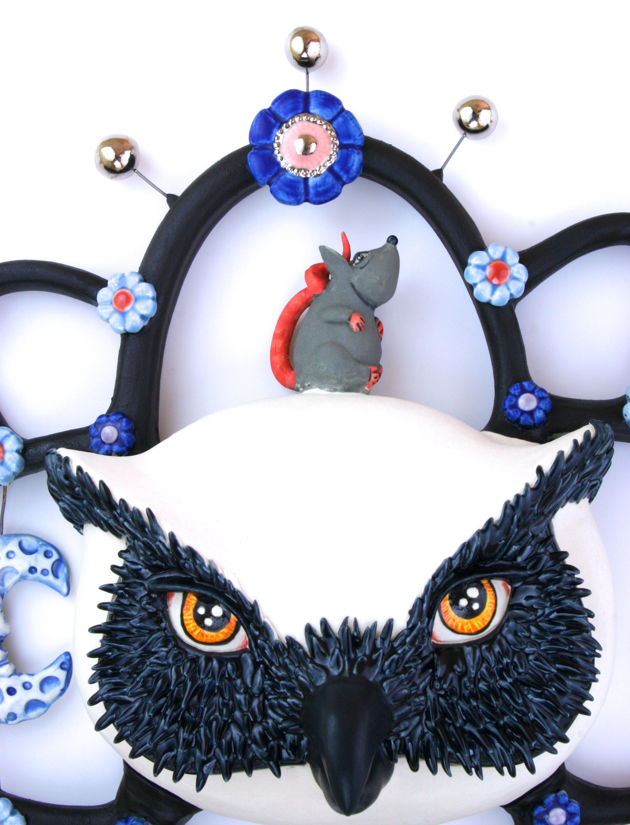 OWL OF DARKNESS - porcelain ceramic sculpture of owl, mouse, lizard and moon  - Pop Art Sculpture by Taylor Robenalt