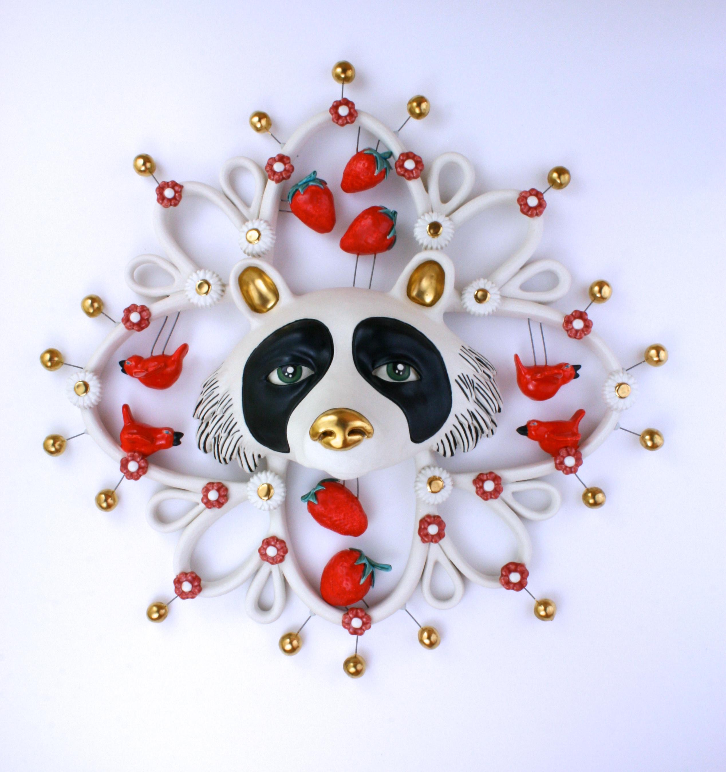 Taylor Robenalt Figurative Sculpture - RED RACCOON - porcelain ceramic sculpture of raccoon, strawberries and cardinals