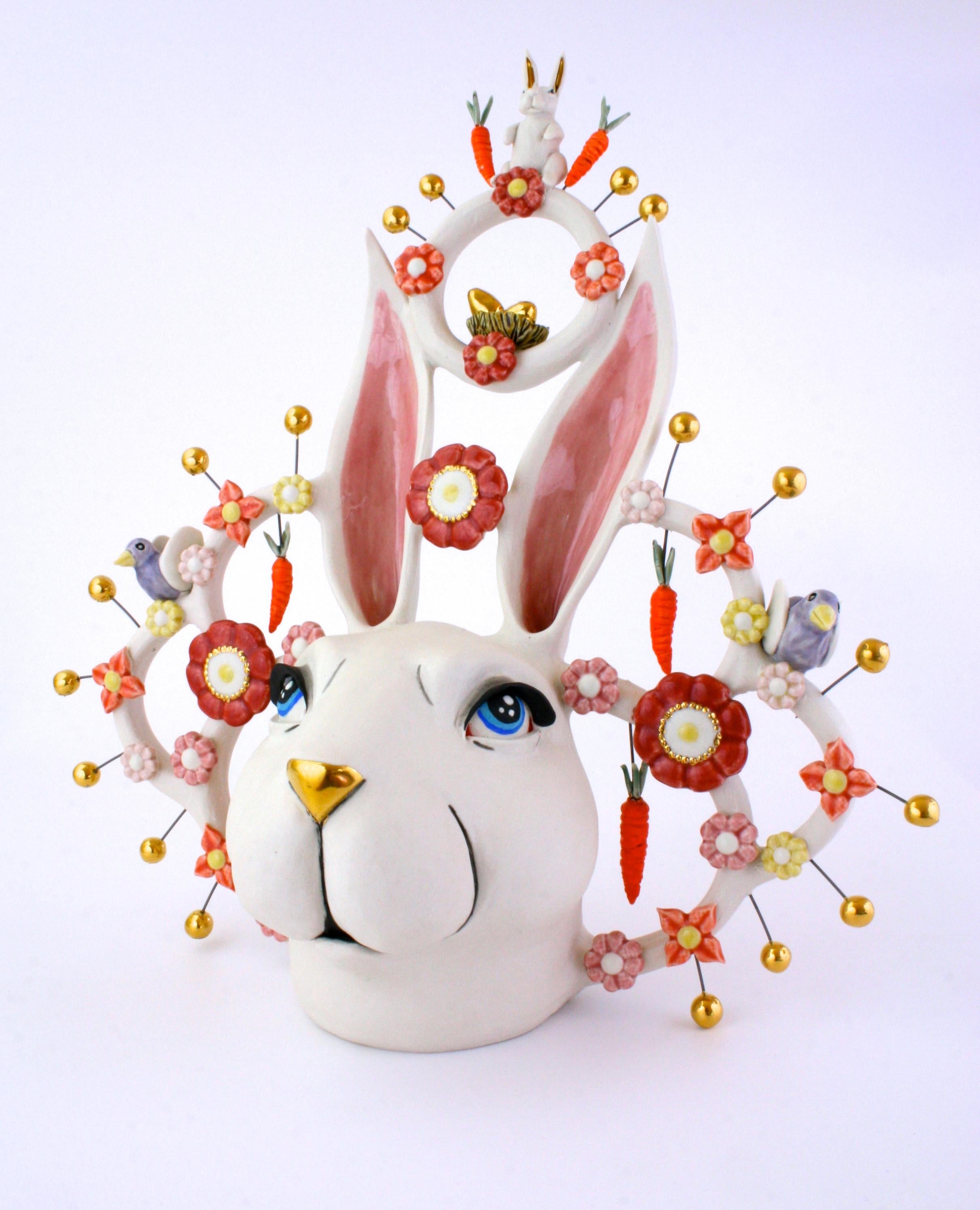 ROBUST RABBIT - porcelain ceramic sculpture of rabbit, carrots, bird and flowers - Sculpture by Taylor Robenalt