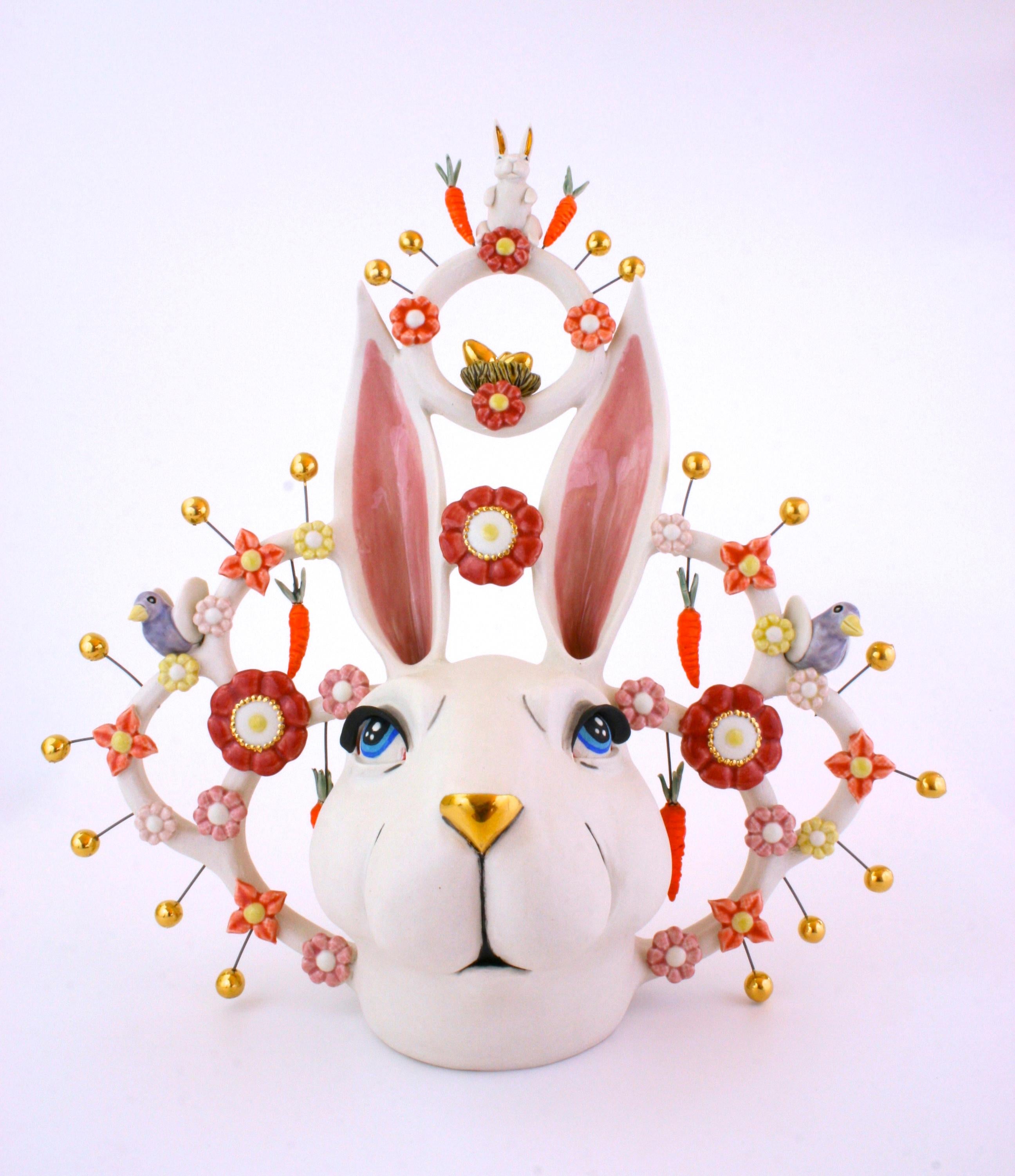 Taylor Robenalt Figurative Sculpture - ROBUST RABBIT - porcelain ceramic sculpture of rabbit, carrots, bird and flowers