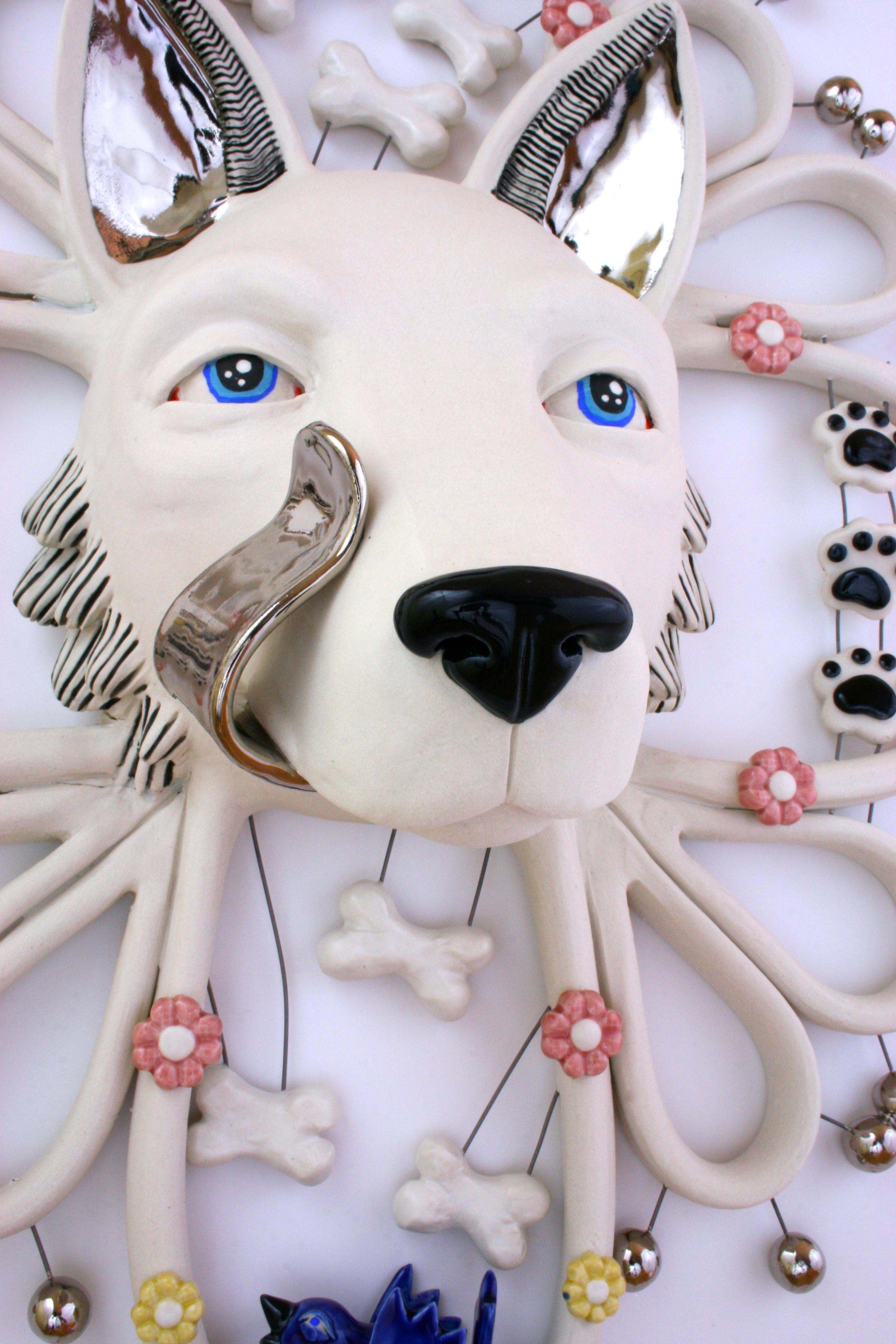 SILVER TONGUED WOLF - porcelain ceramic sculpture of wolf, bones, birds, flowers - Sculpture by Taylor Robenalt