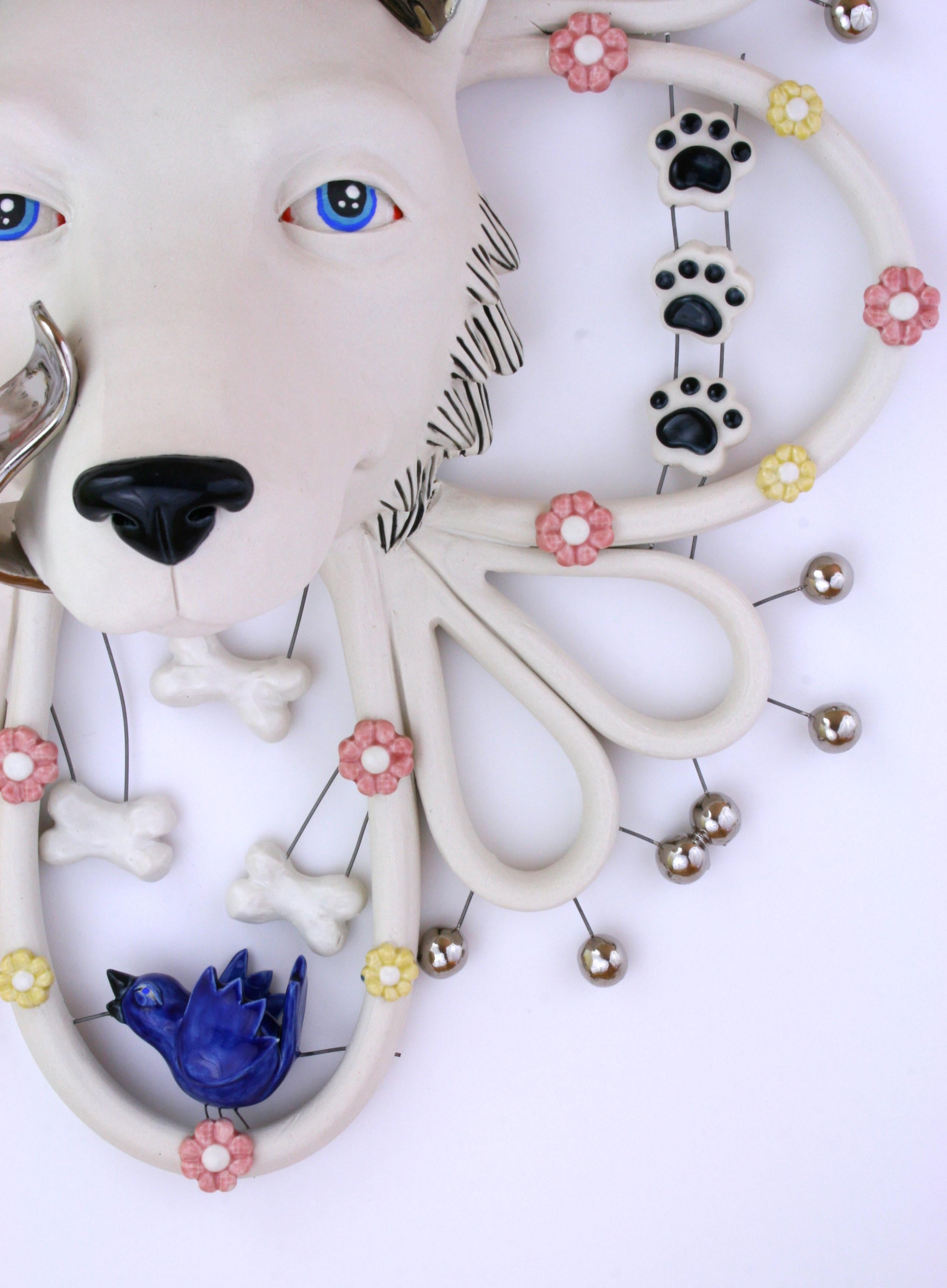 SILVER TONGUED WOLF - porcelain ceramic sculpture of wolf, bones, birds, flowers - Pop Art Sculpture by Taylor Robenalt