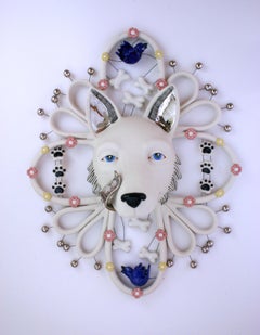 SILVER TONGUED WOLF - porcelain ceramic sculpture of wolf, bones, birds, flowers