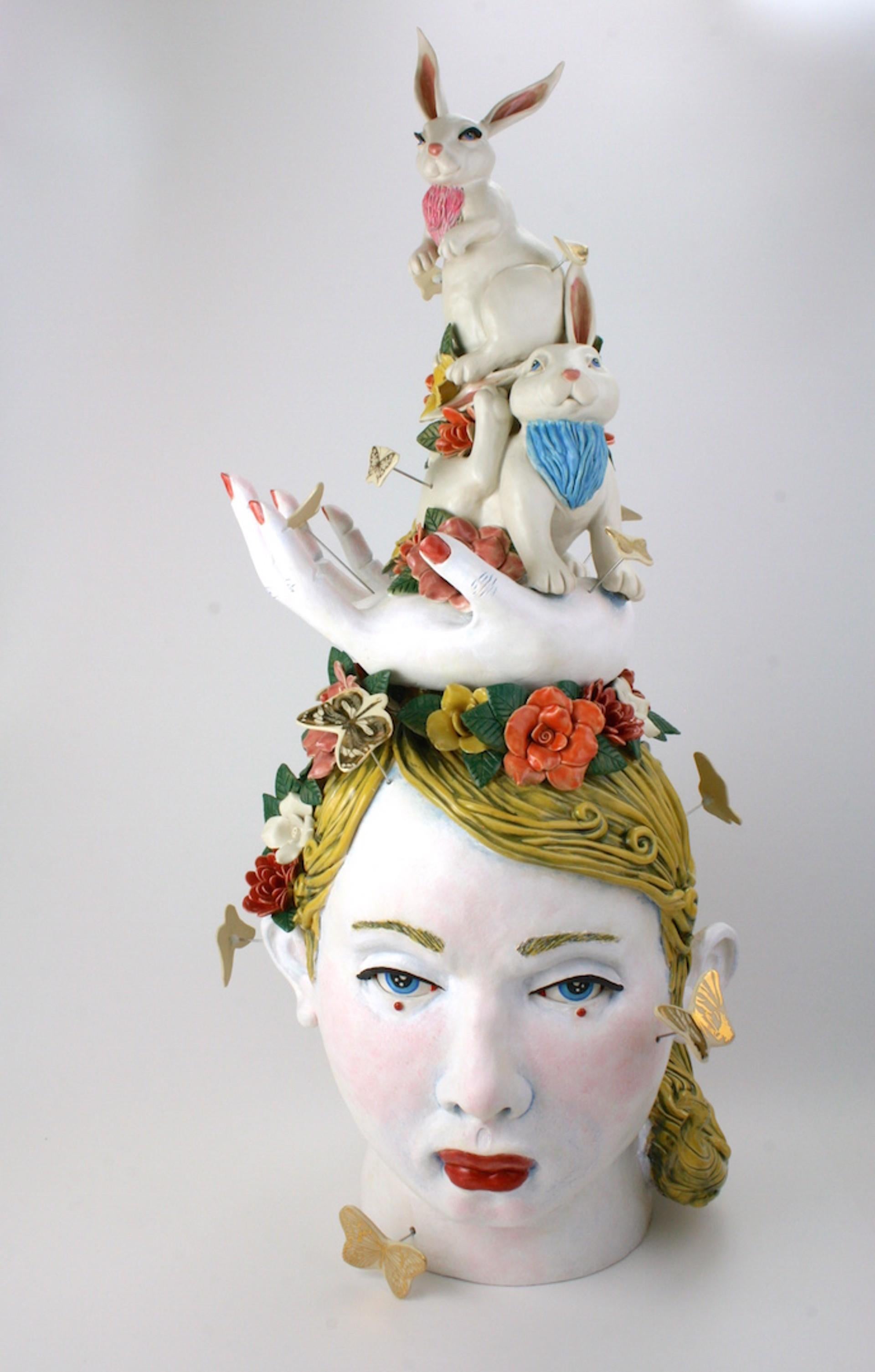 Taylor Robenalt Figurative Sculpture - THE FUTURE IS BRIGHT - ceramic sculpture of woman with roses and rabbits