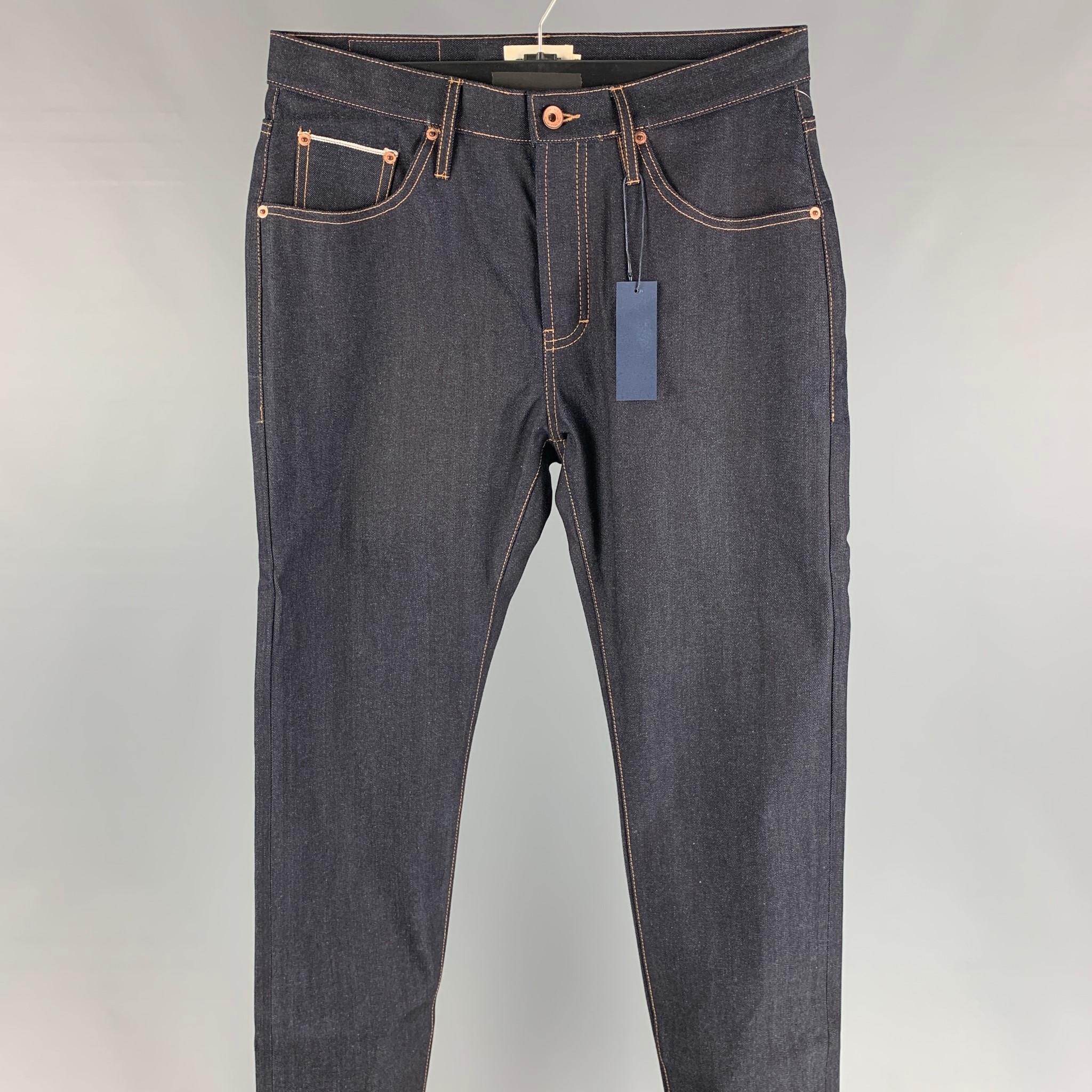 TAYLOR STITCH Size 32 Indigo Contrast Stitch Cotton / Polyester Slim Jeans  For Sale at 1stDibs