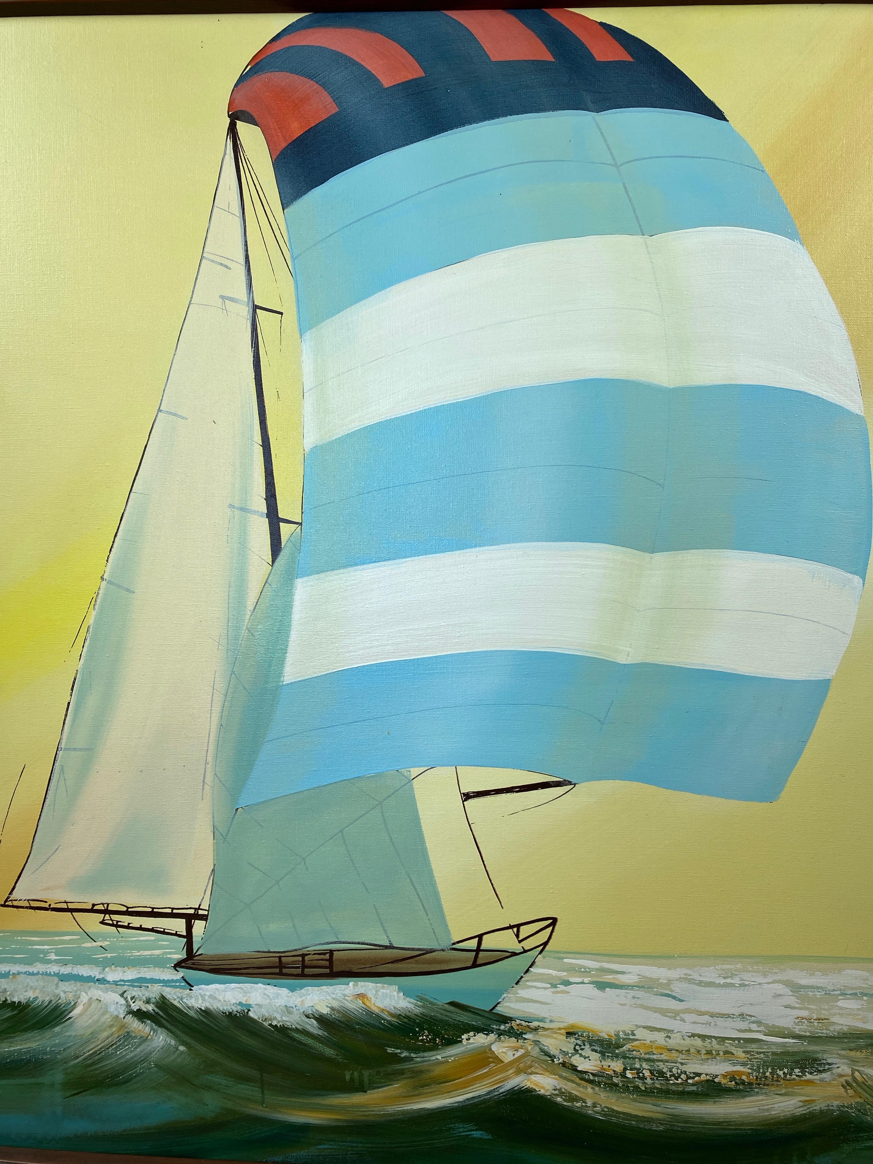 Large and Dynamic Untitled Sailboat Painting, Signed 