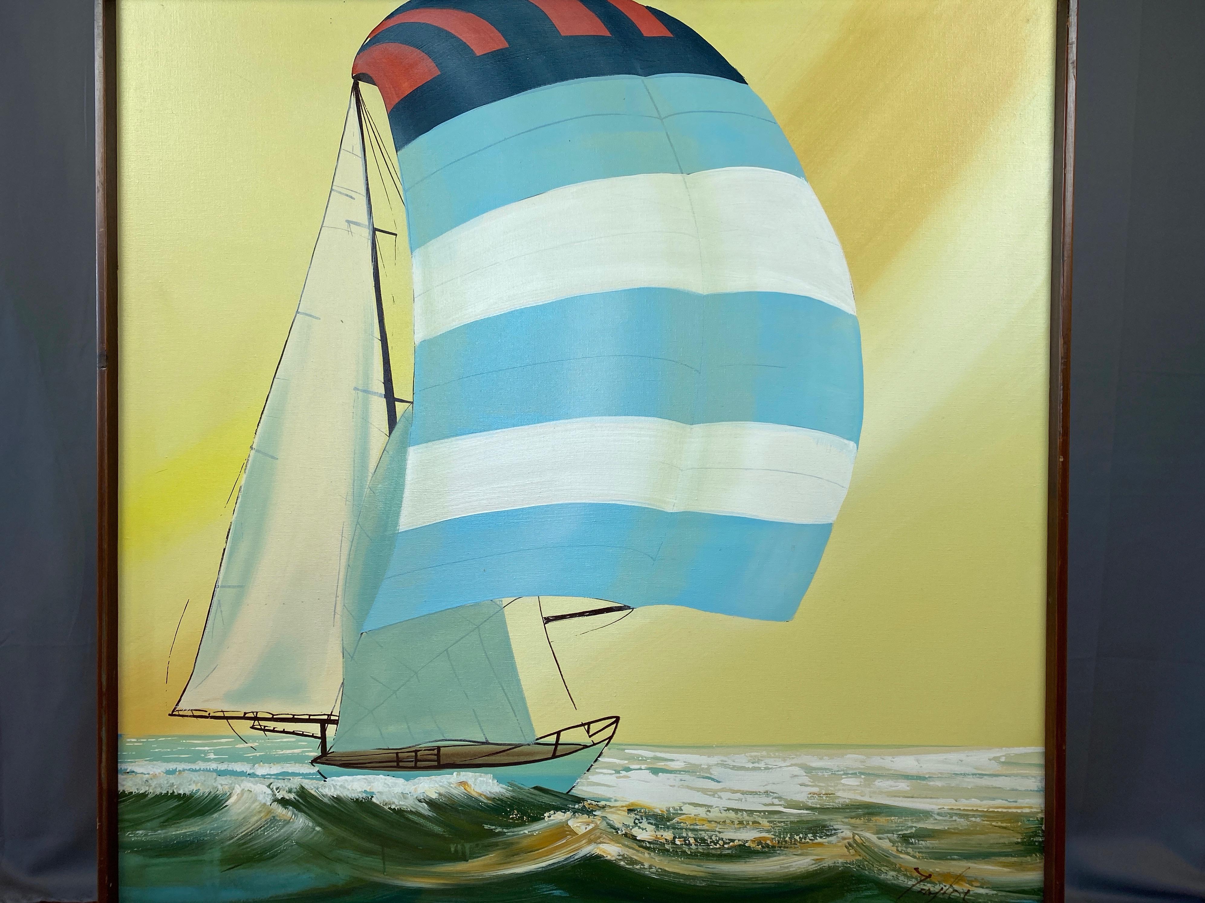 Grande peinture de voilier sans titre et dynamique:: signée 