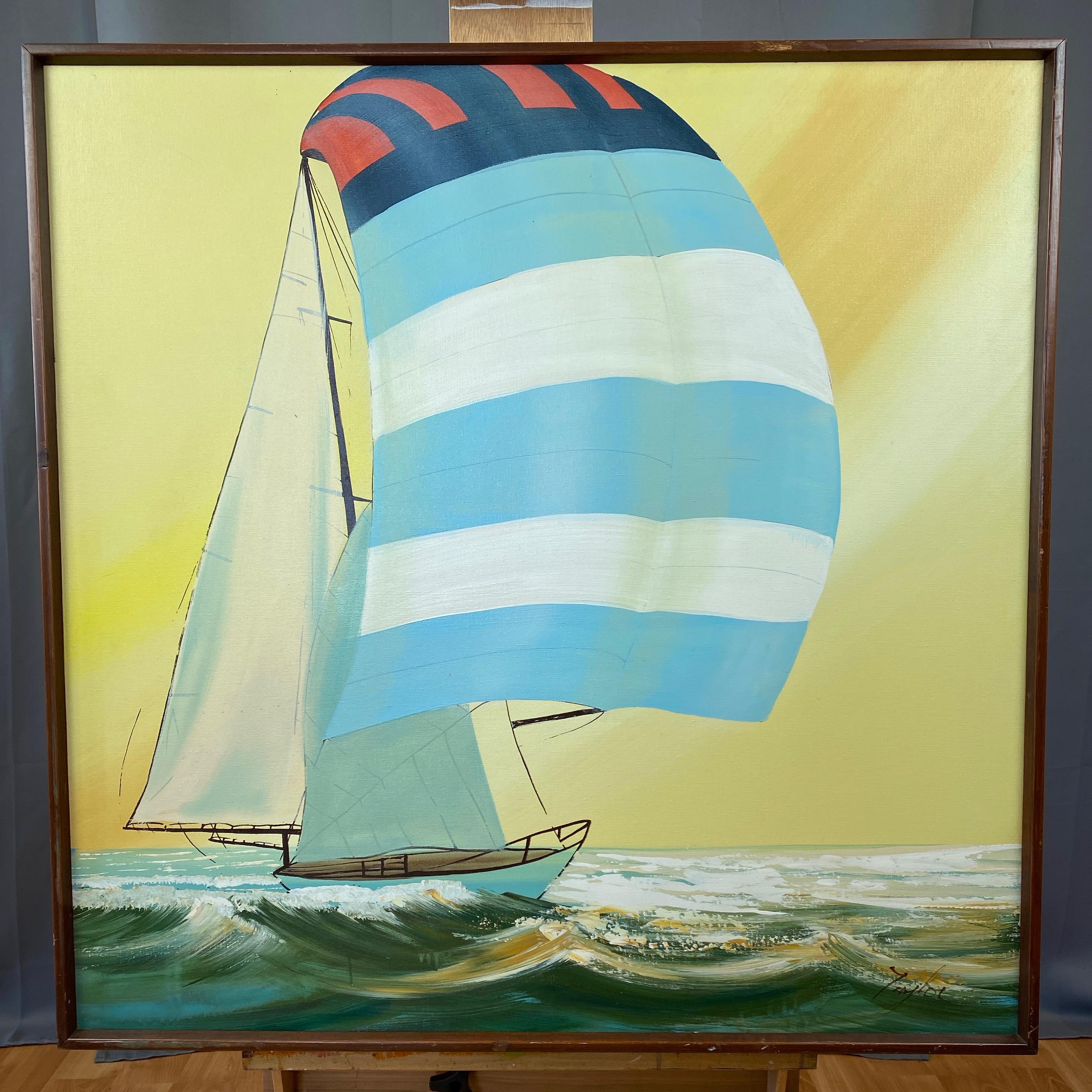Mid-Century Modern Large and Dynamic Untitled Sailboat Painting, Signed 