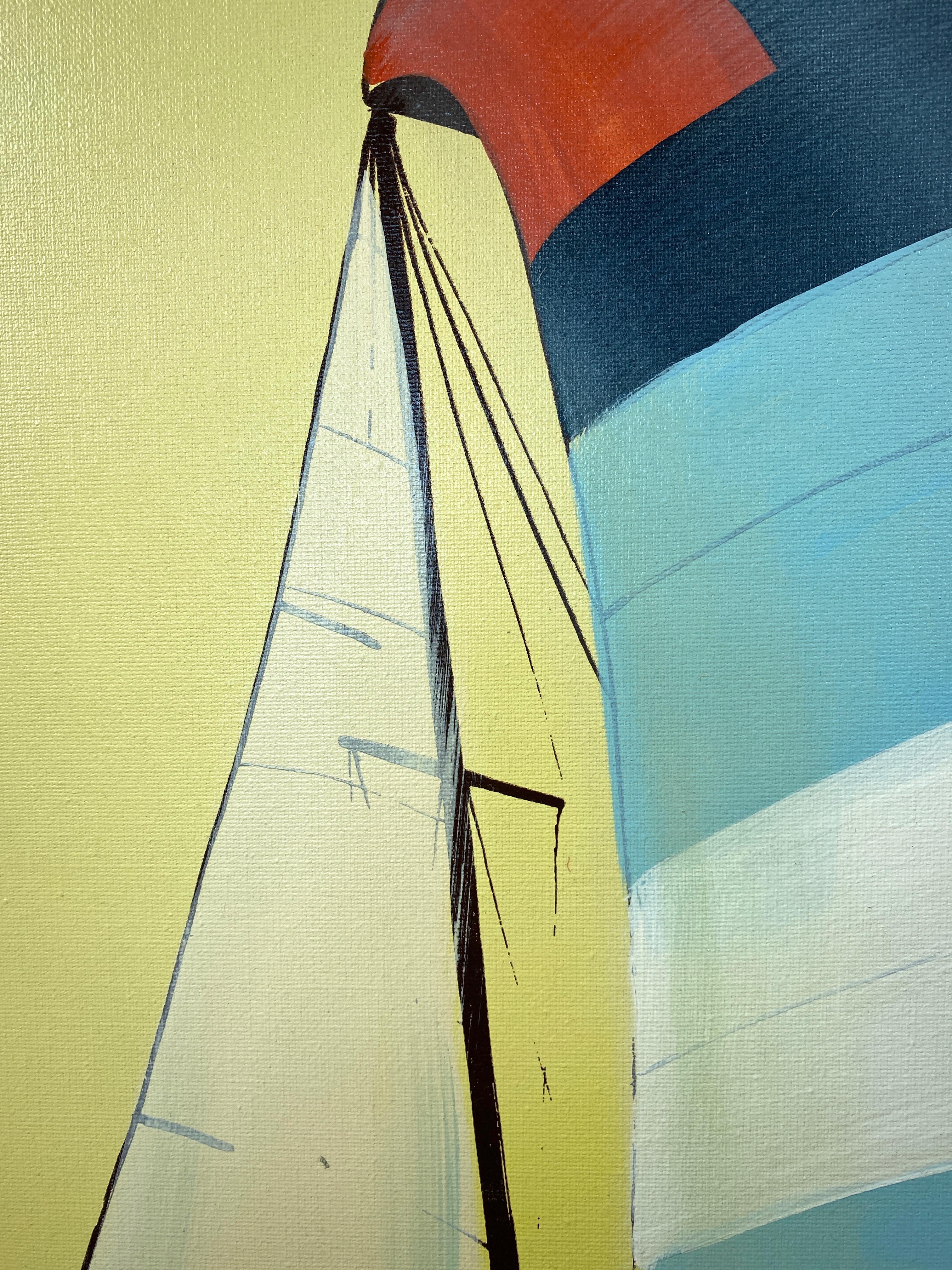 Stained Large and Dynamic Untitled Sailboat Painting, Signed 