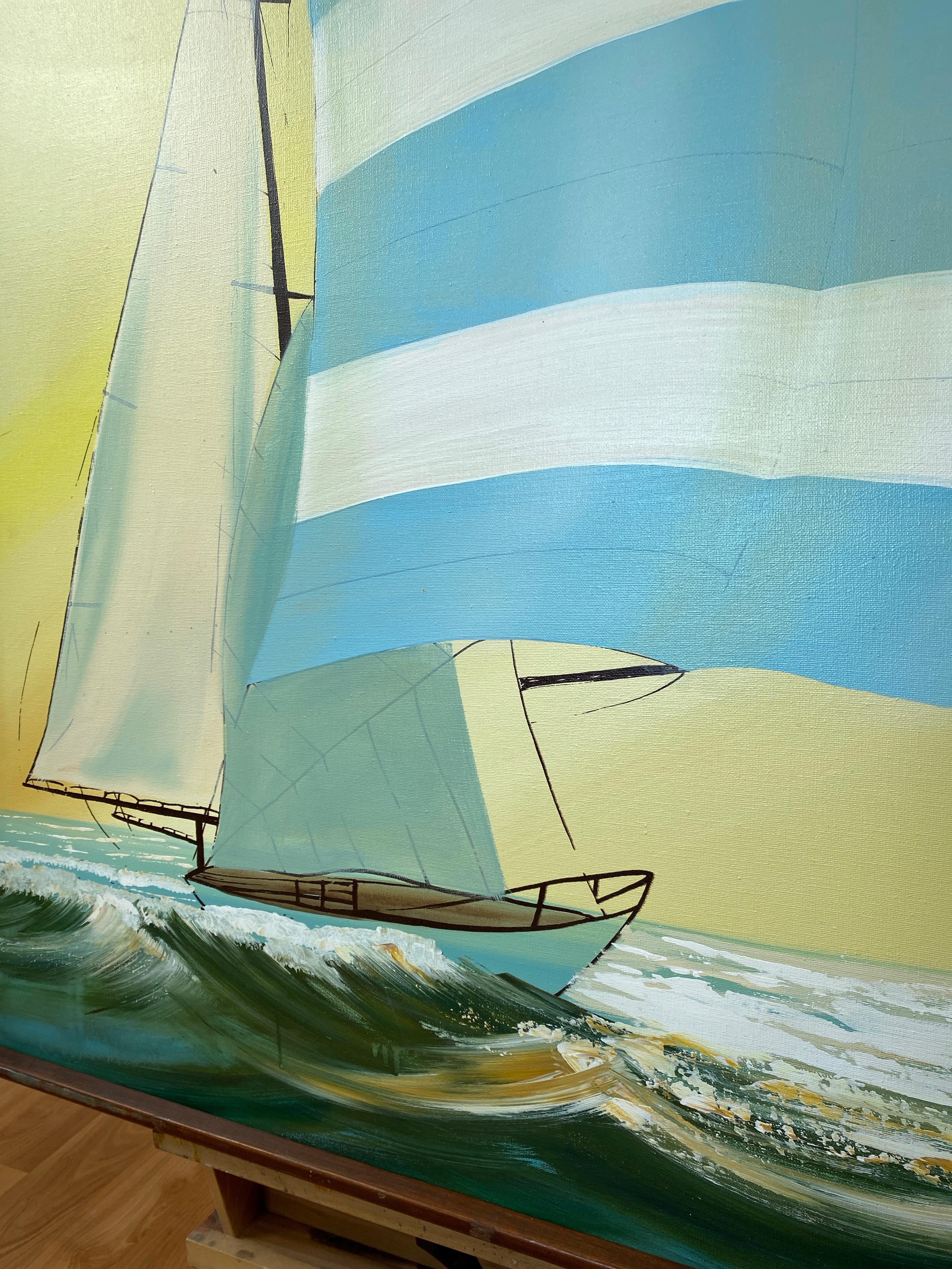 Late 20th Century Large and Dynamic Untitled Sailboat Painting, Signed 