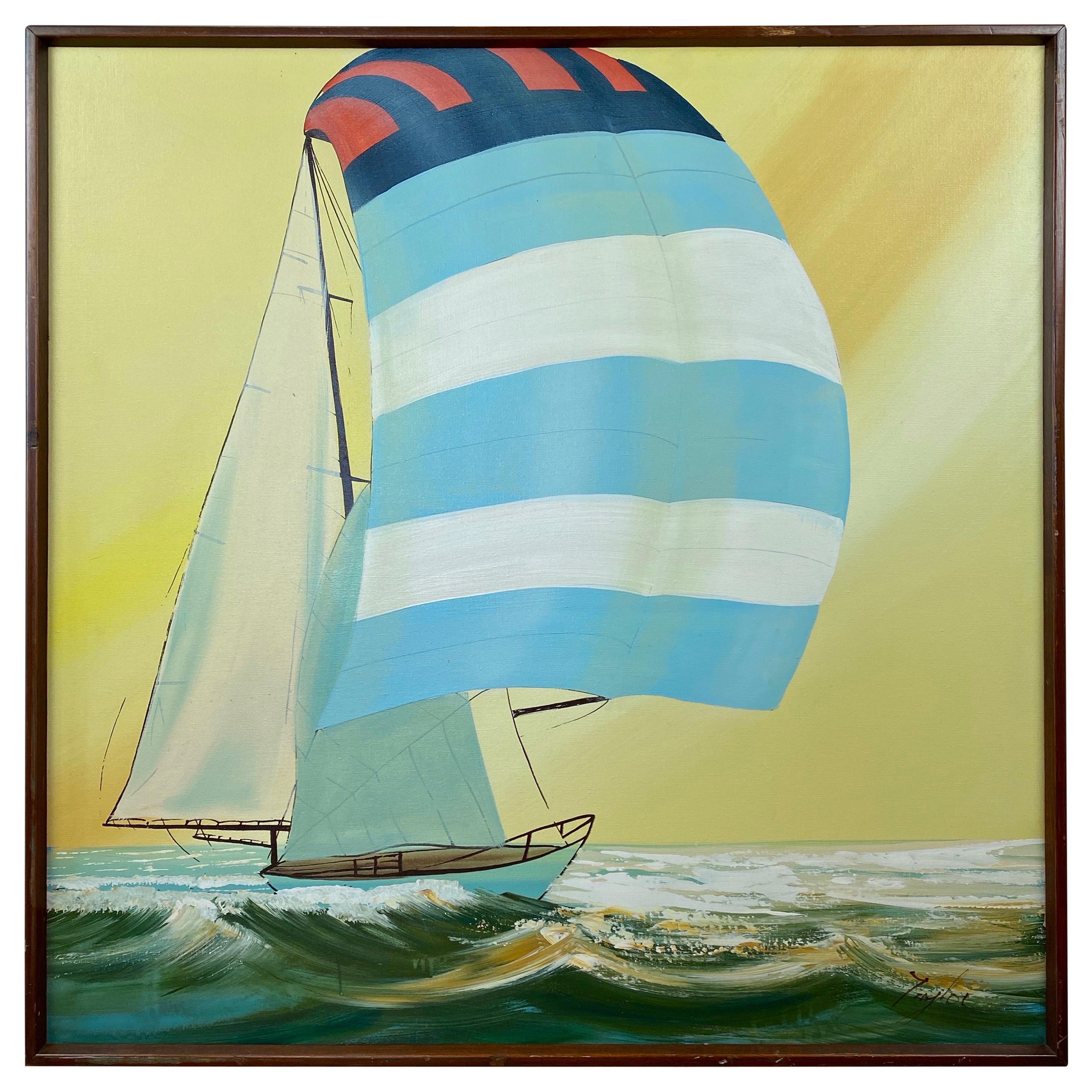 A very large 1970s acrylic on canvas framed painting of a sailboat breaking the waves, signed “Taylor”.

Bright, sunny scene dominated by a towering, fully billowed spinnaker with eye-catching baby blue, white, navy, and red stripes. Low, choppy
