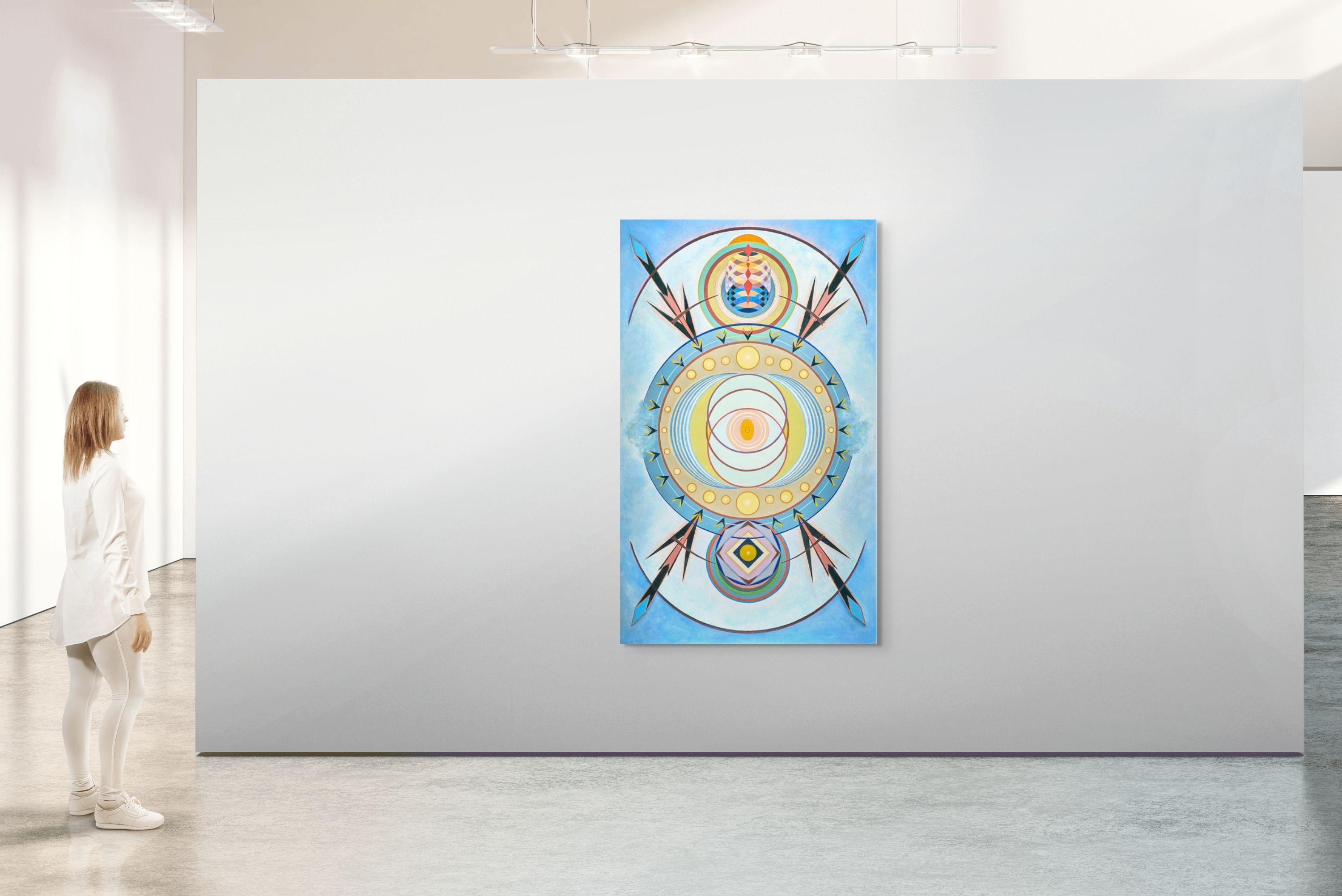 Vögel, Geometrisches Mandala Abstraktes Gemälde Blau und Gold, Modernes Design 60 x 42 (Zeitgenössisch), Art, von Tayo Heuser