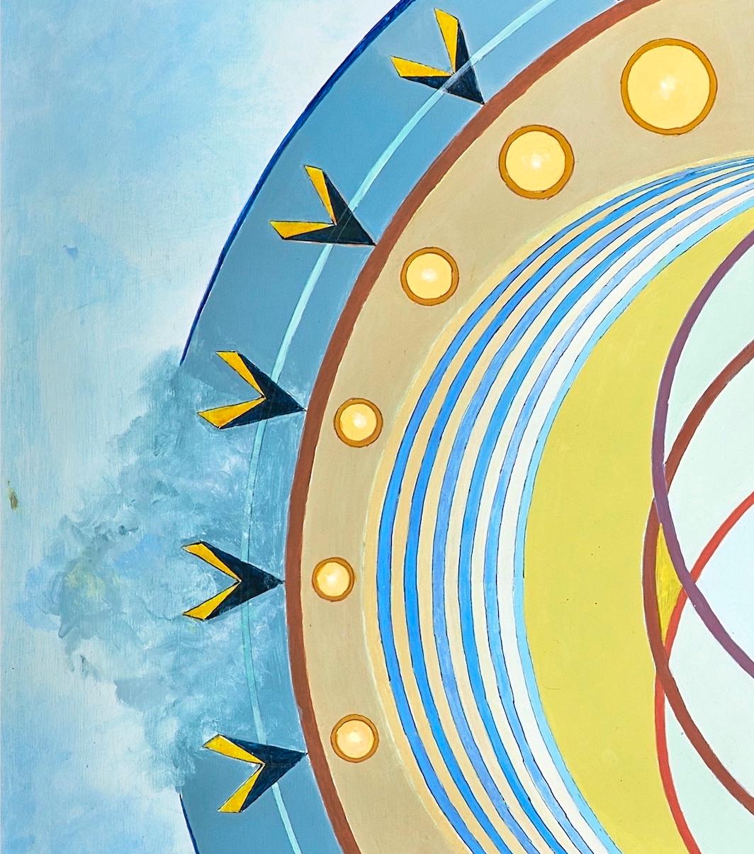 Vögel, Geometrisches Mandala Abstraktes Gemälde Blau und Gold, Modernes Design 60 x 42 im Angebot 1