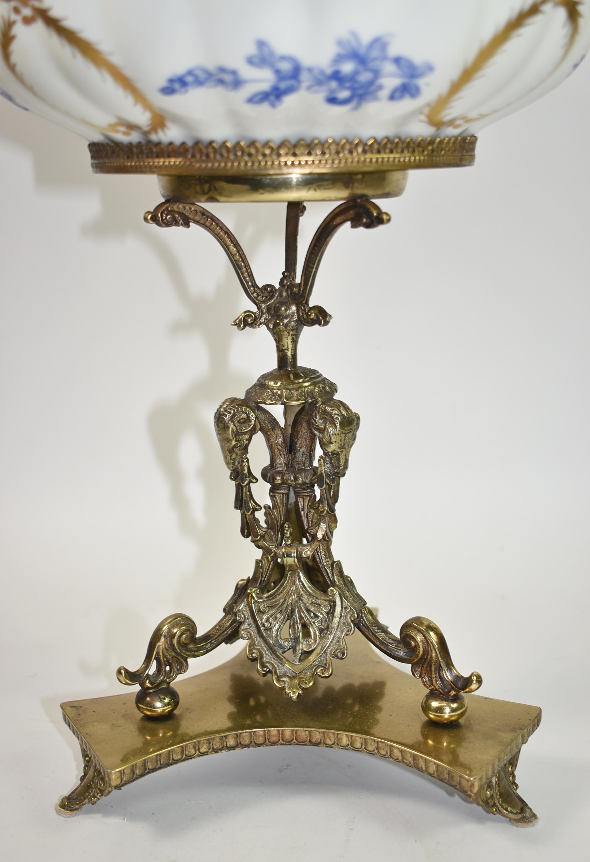 19th Century Tazza Brass Center Pedestal with Decorative Meissen Bowl For Sale