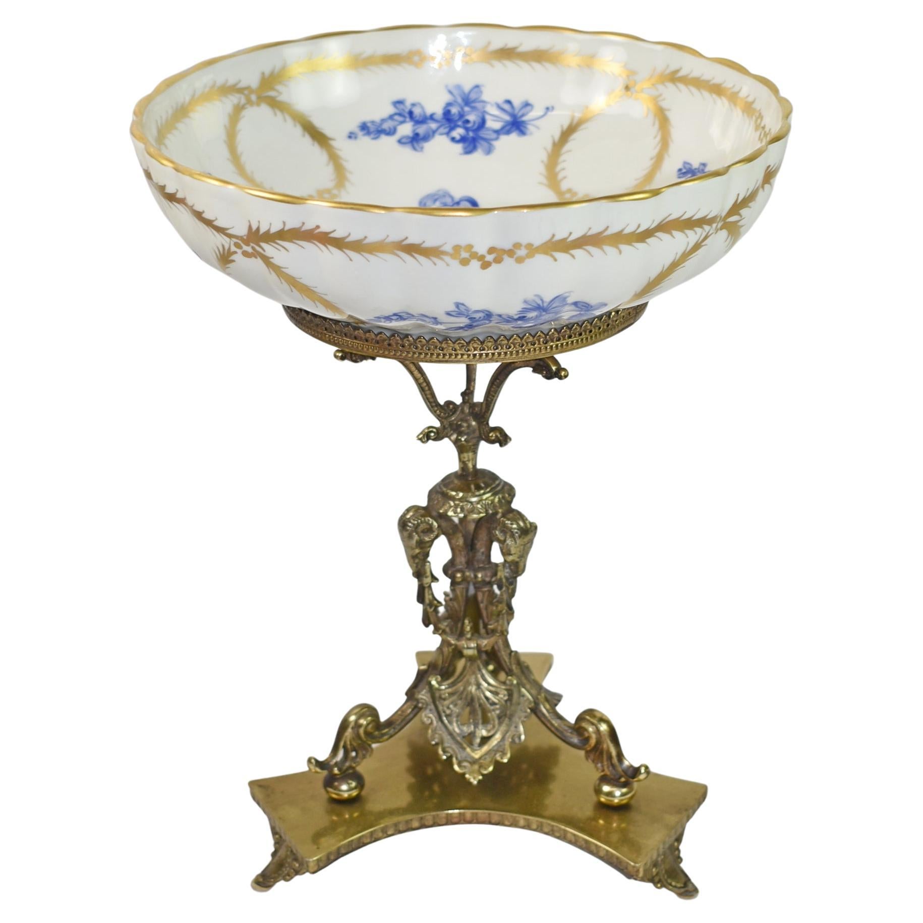 Tazza Brass Center Pedestal with Decorative Meissen Bowl For Sale