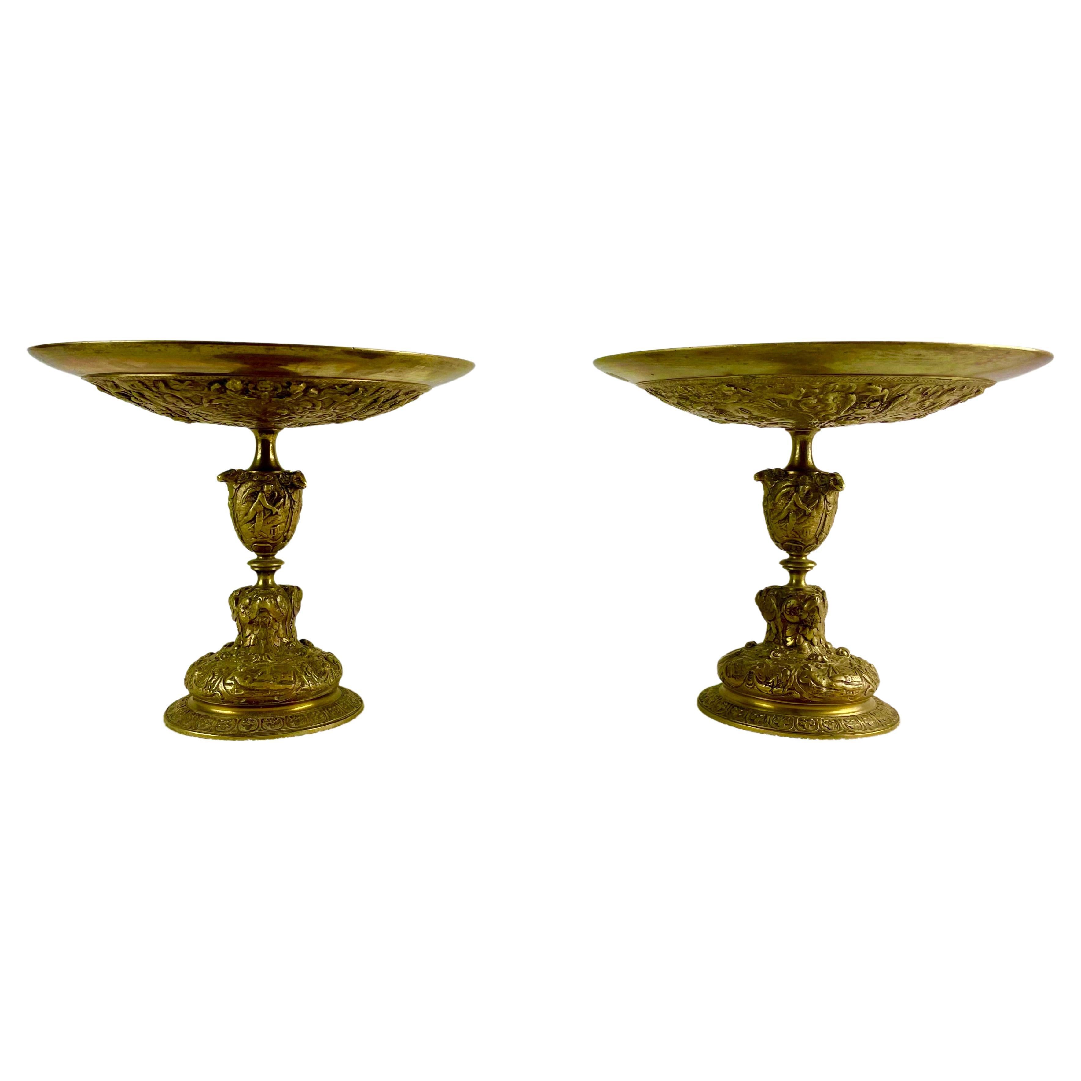 Renaissance Revival Tazza Neo Renaissance Pair of Cups Gilt Bronze Decor Deities of Antiquity 19thC. For Sale