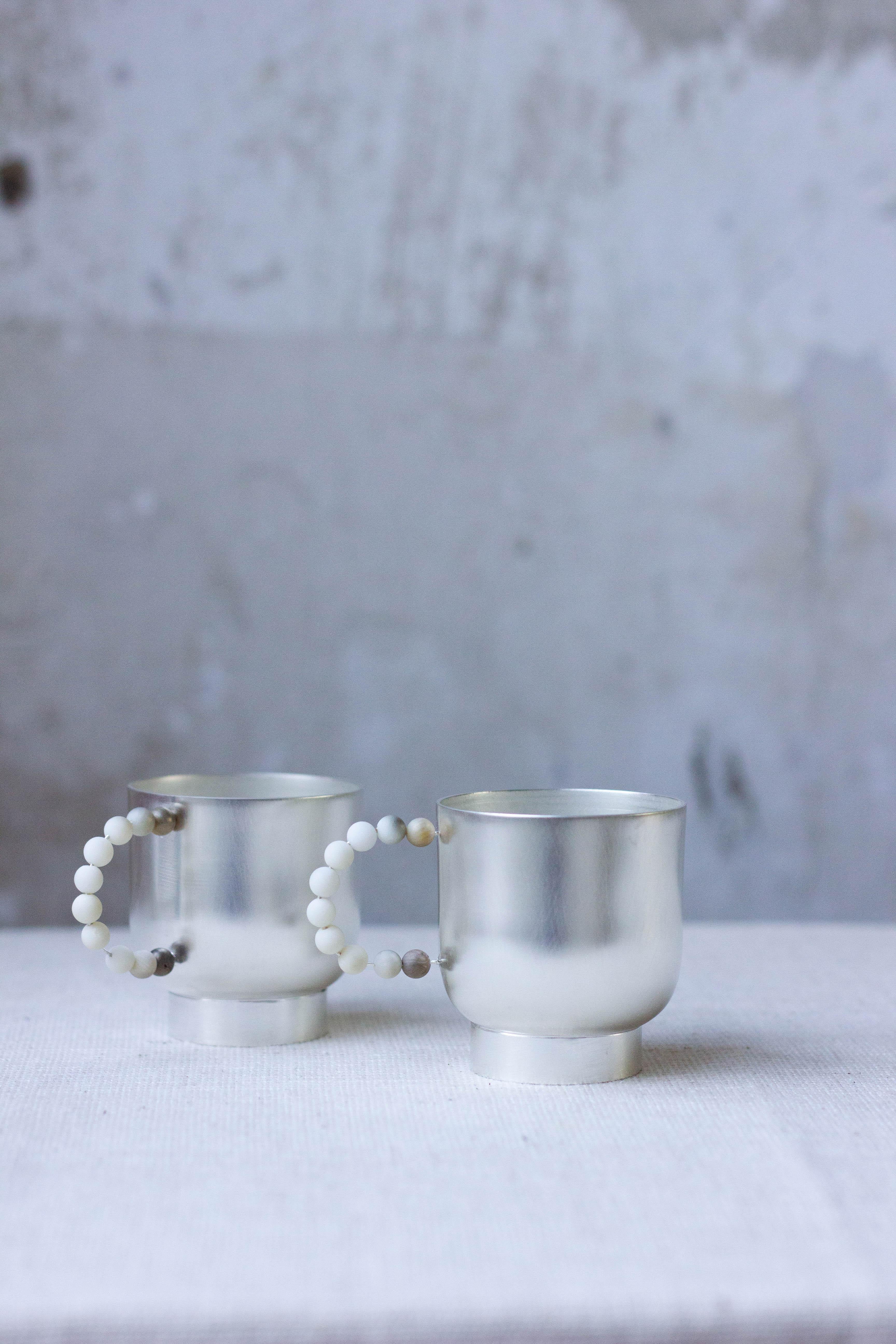 Italian Contemporary Natalia Criado White Quartz Pearl Tea Cup Quartz Silver Plated For Sale