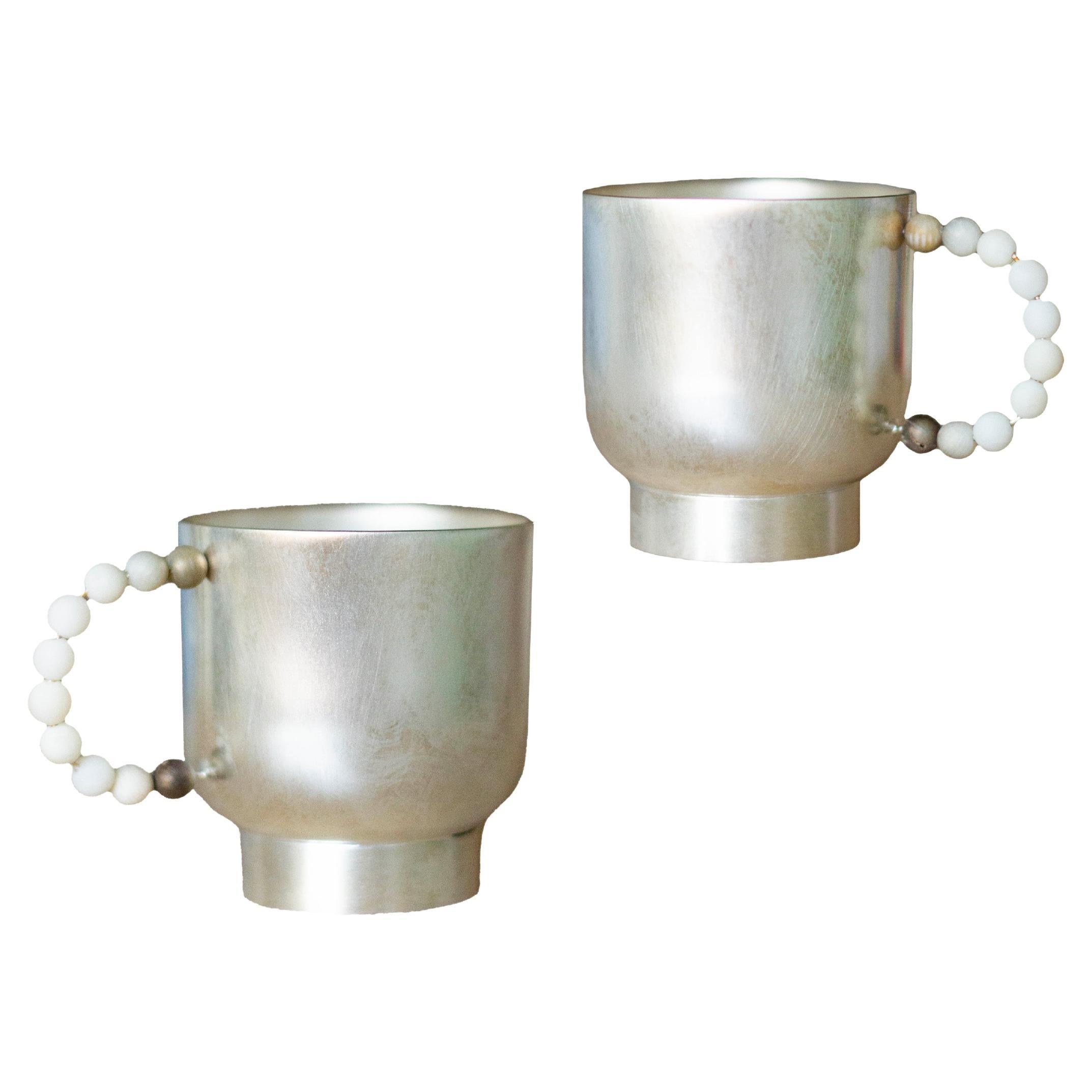 Contemporary Natalia Criado White Quartz Pearl Tea Cup Quartz Silver Plated For Sale