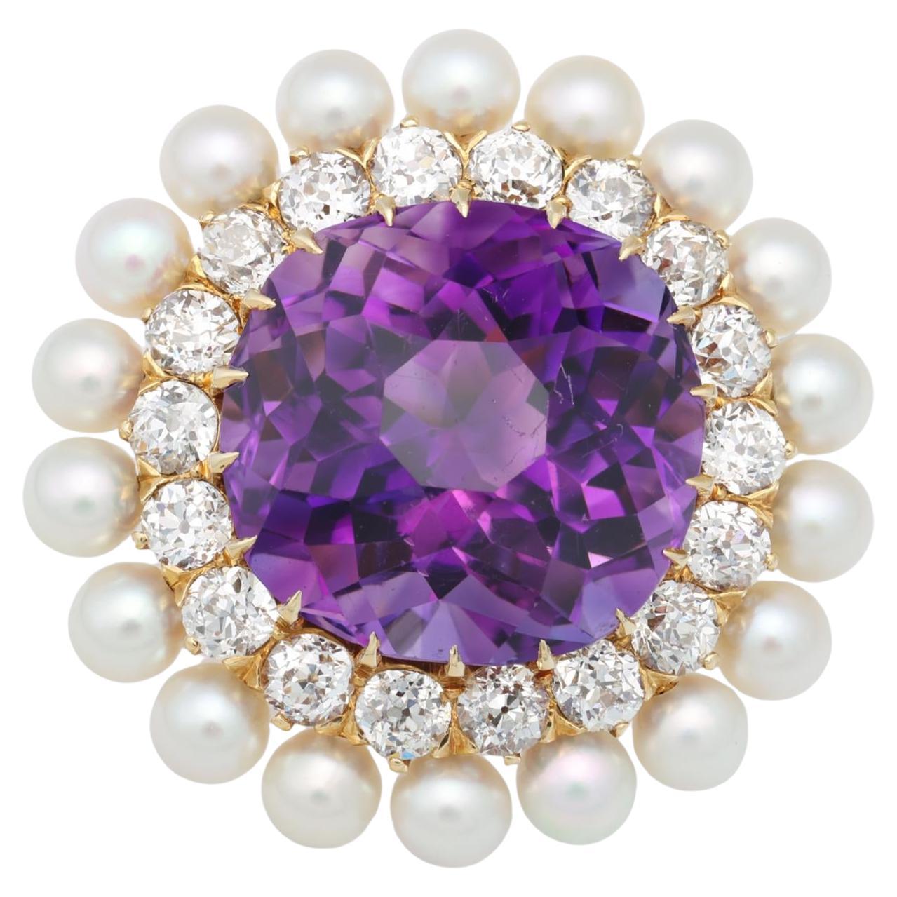 Spilla con ametista, diamante vecchio taglio europeo e perla naturale di TB Starr in vendita