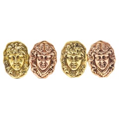 T.B. Starr Boutons de manchette Art nouveau en or bicolore 14 carats Dionysos et Hercule pour hommes