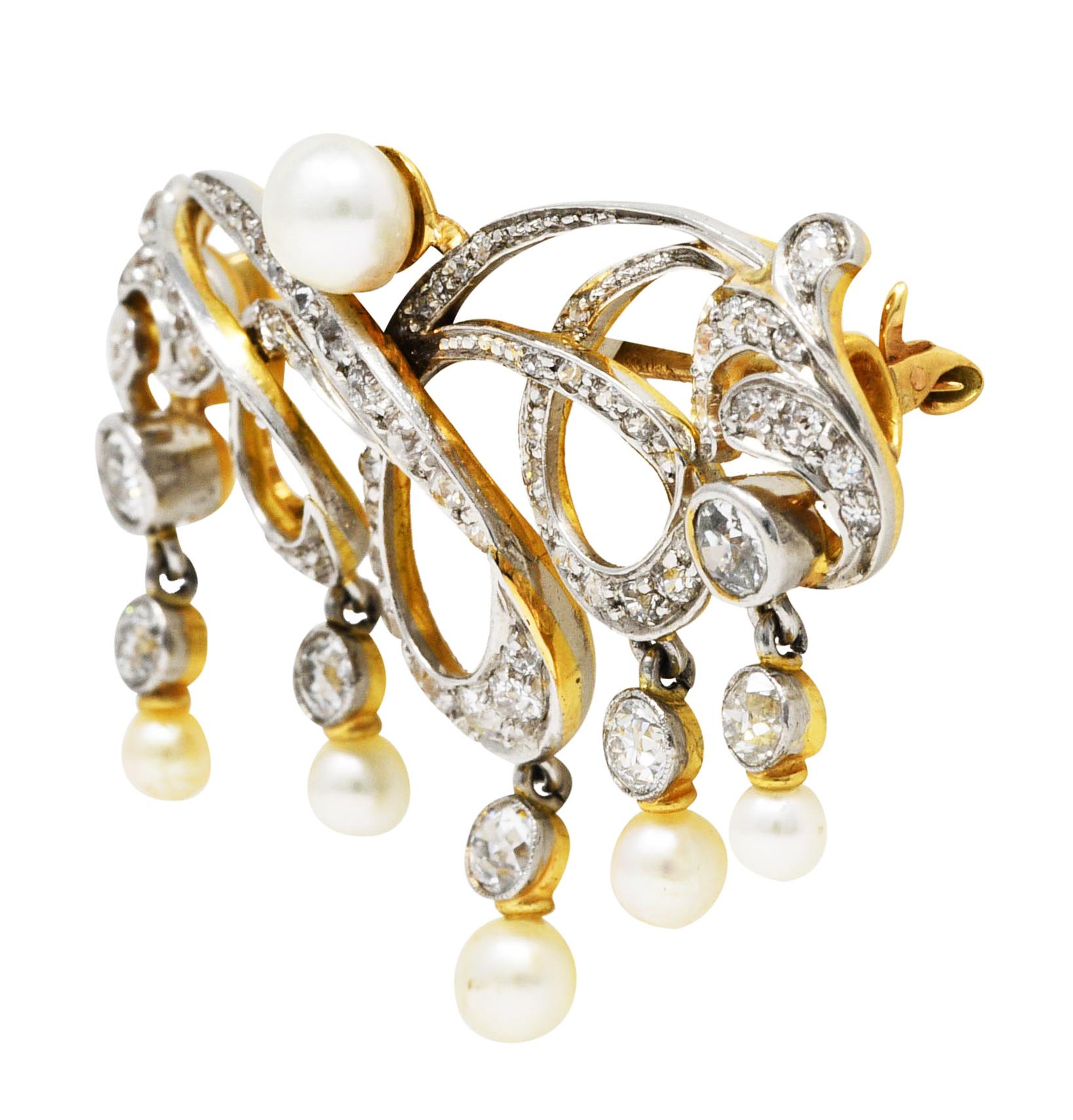 T.B. Starr Edwardian 3.00 Carats Diamond Platinum-Topped 18 Karat Gold Brooch In Excellent Condition In Philadelphia, PA