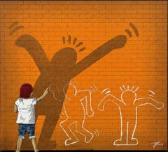 Original Kunstwerk auf Holz Wand Ziegel, gerahmt, Street Art Pop Art Haring
