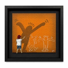 Original Kunstwerk auf Holz Wand Ziegel, gerahmt, Street Art Pop Art Haring