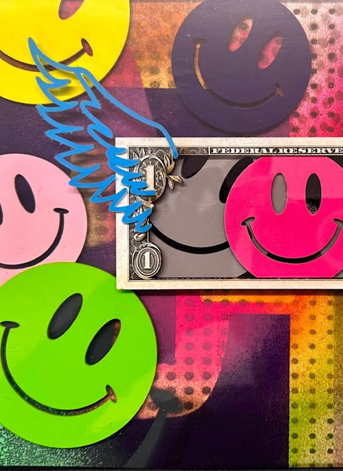 pop art contemporain monnaie heureuse figuratif couleur pop mixed media encadré - Painting de TBOY