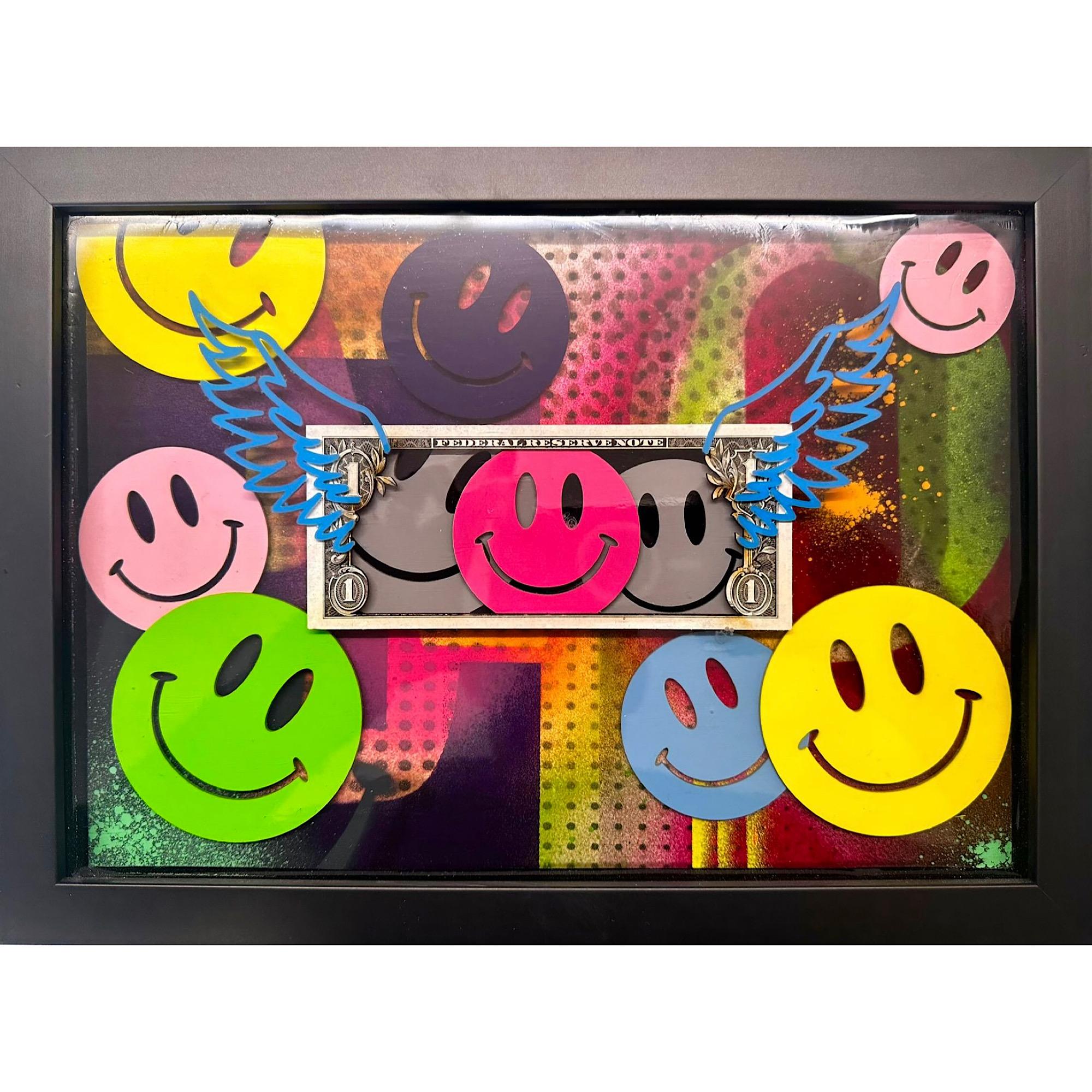 pop art contemporary happy currency figurative color pop mixed media framed