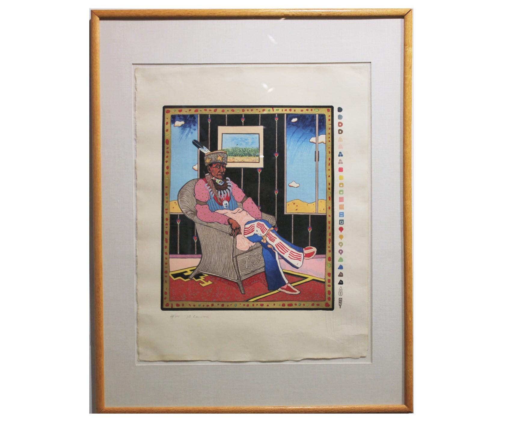 T.C. Cannon Figurative Print - "Collector #5" or "Osage with Van Gogh" - Print 44/200 Native American Portrait