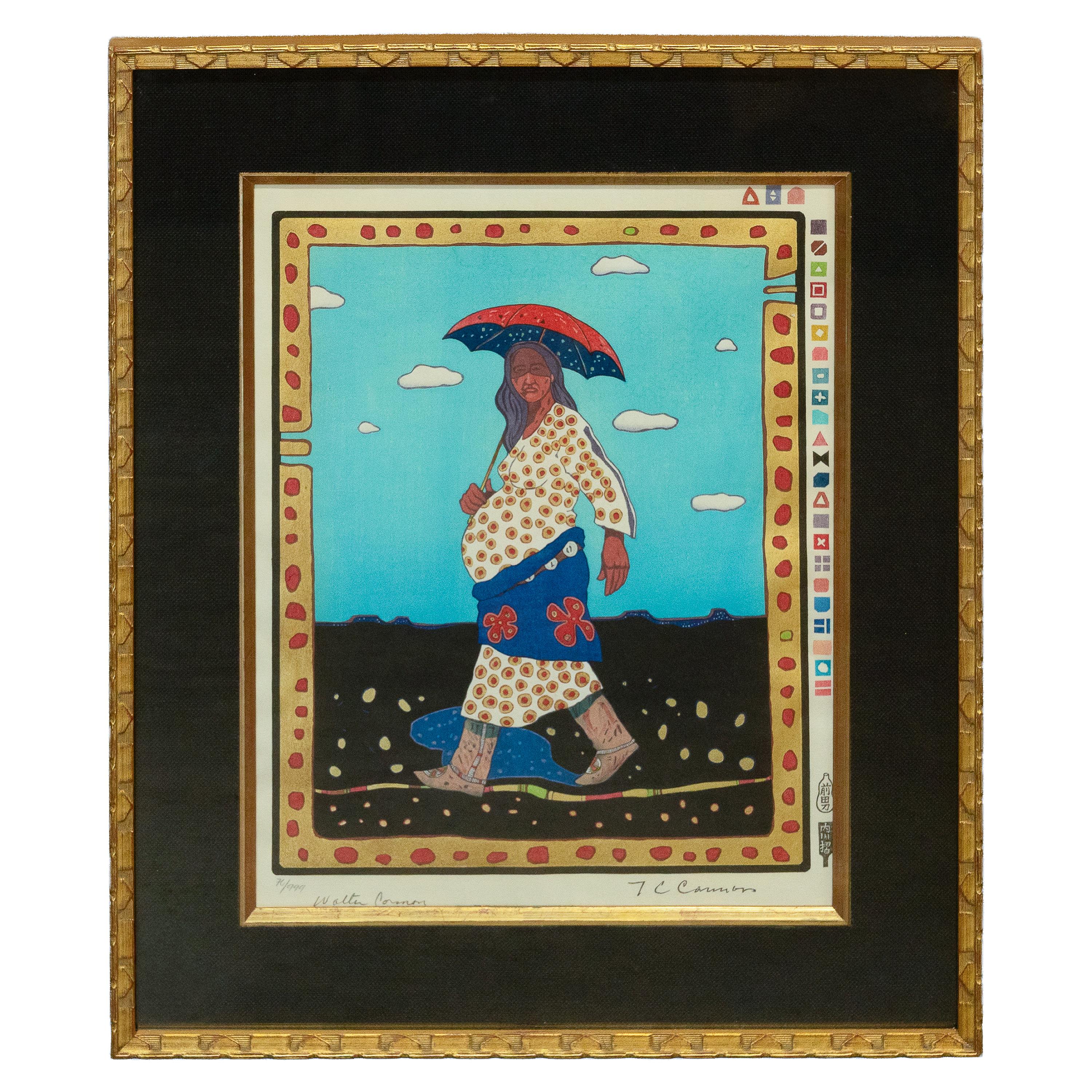 T.C. Cannon Figurative Print - Native American Kiowa/Caddo Peoples Woodcut in Colors "New Indian Art" Pop Art