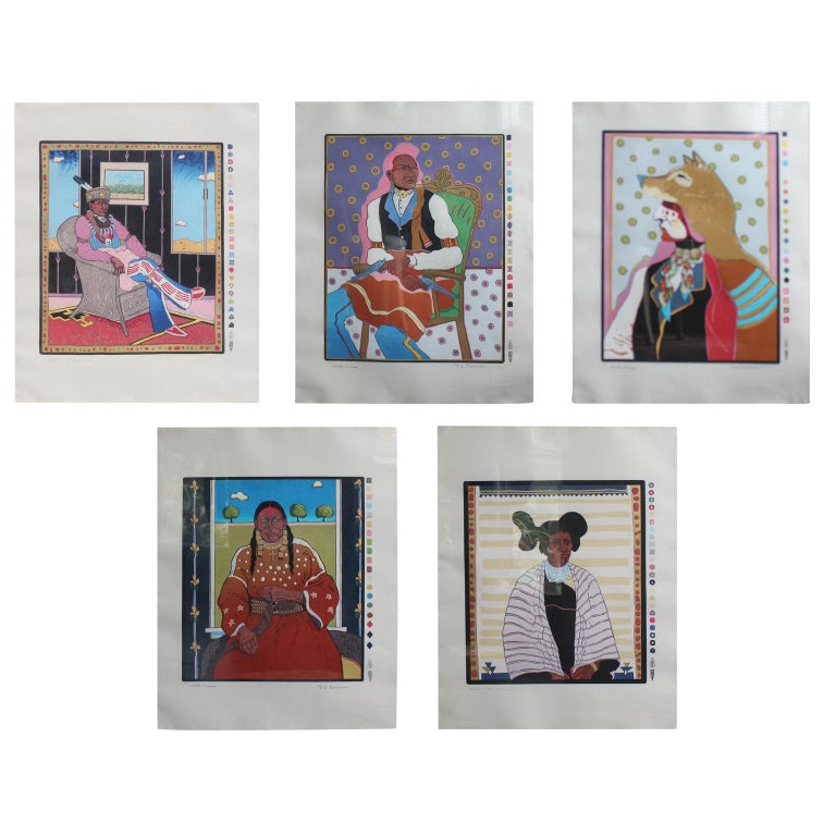 T C Cannon Set Of Five Woodcut Prints Of Colorful Native