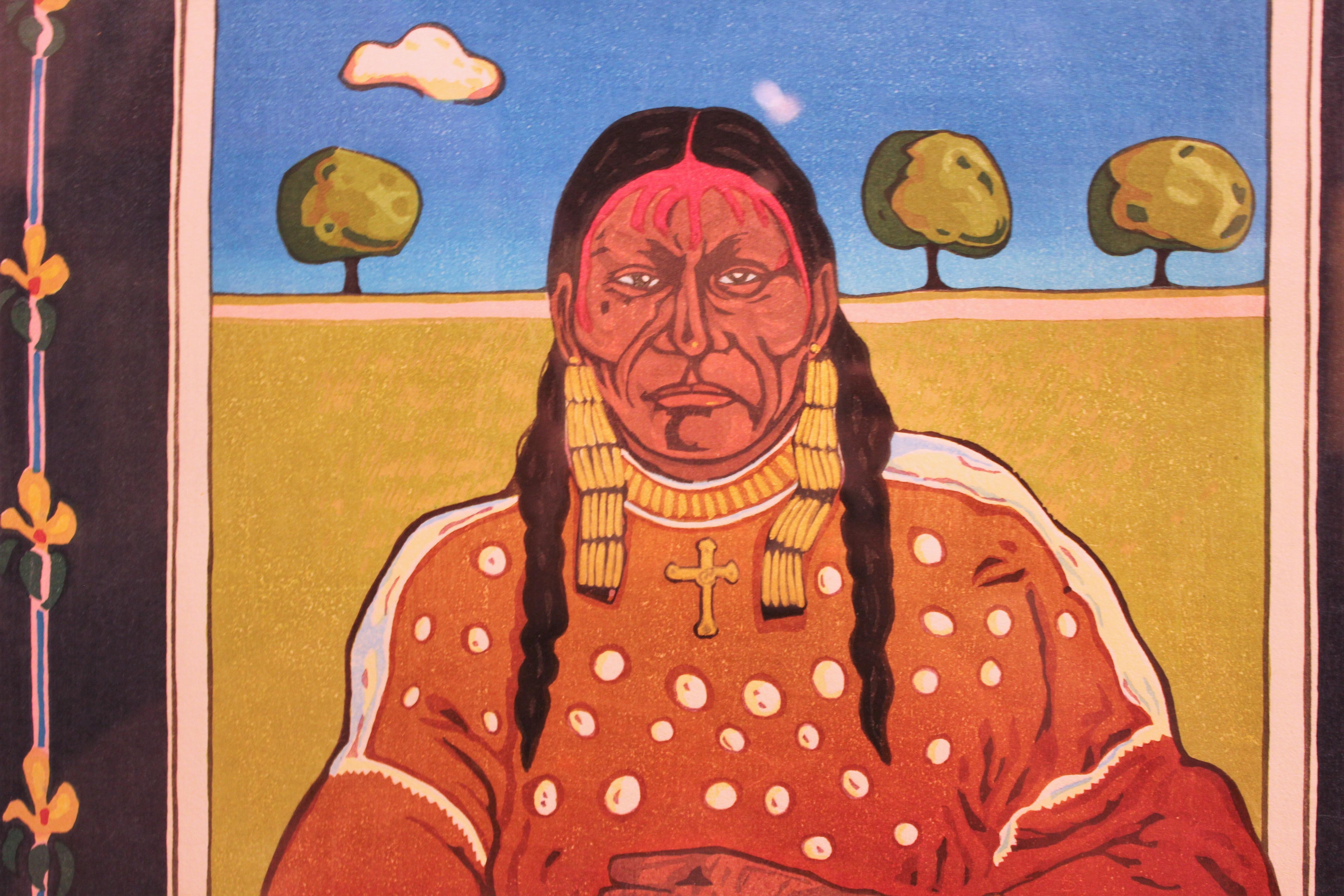 „Frau am Fenster“ Buntes Porträtdruck der amerikanischen Ureinwohner im Holzschnitt Ed. 44/200 (Post-Impressionismus), Print, von T.C. Cannon