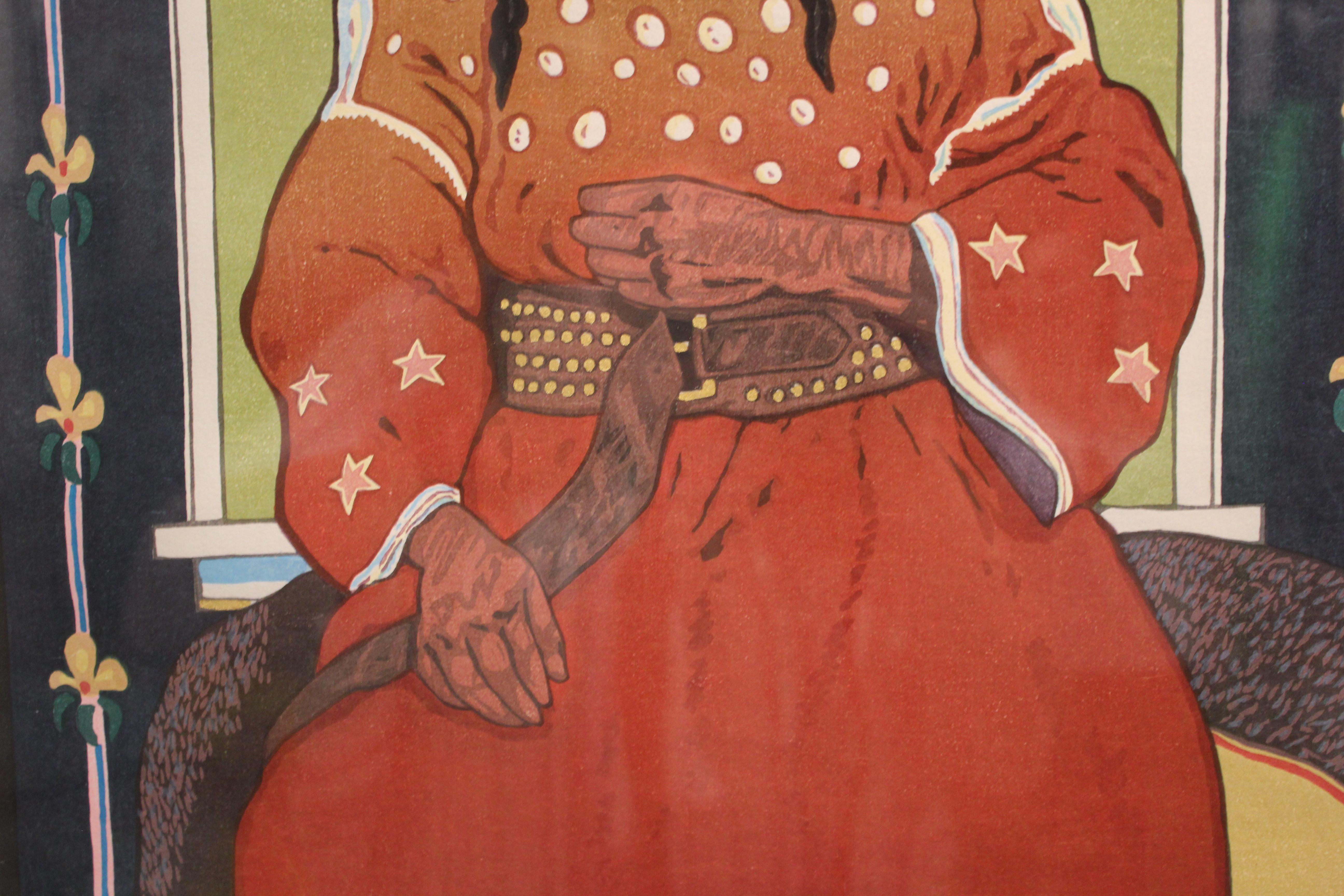 Kühnes und farbenfrohes Porträt des bekannten Künstlers T.C. Kanone einer indianischen Frau in einem roten Kleid mit einem goldenen Kreuz um den Hals mit dem Titel 