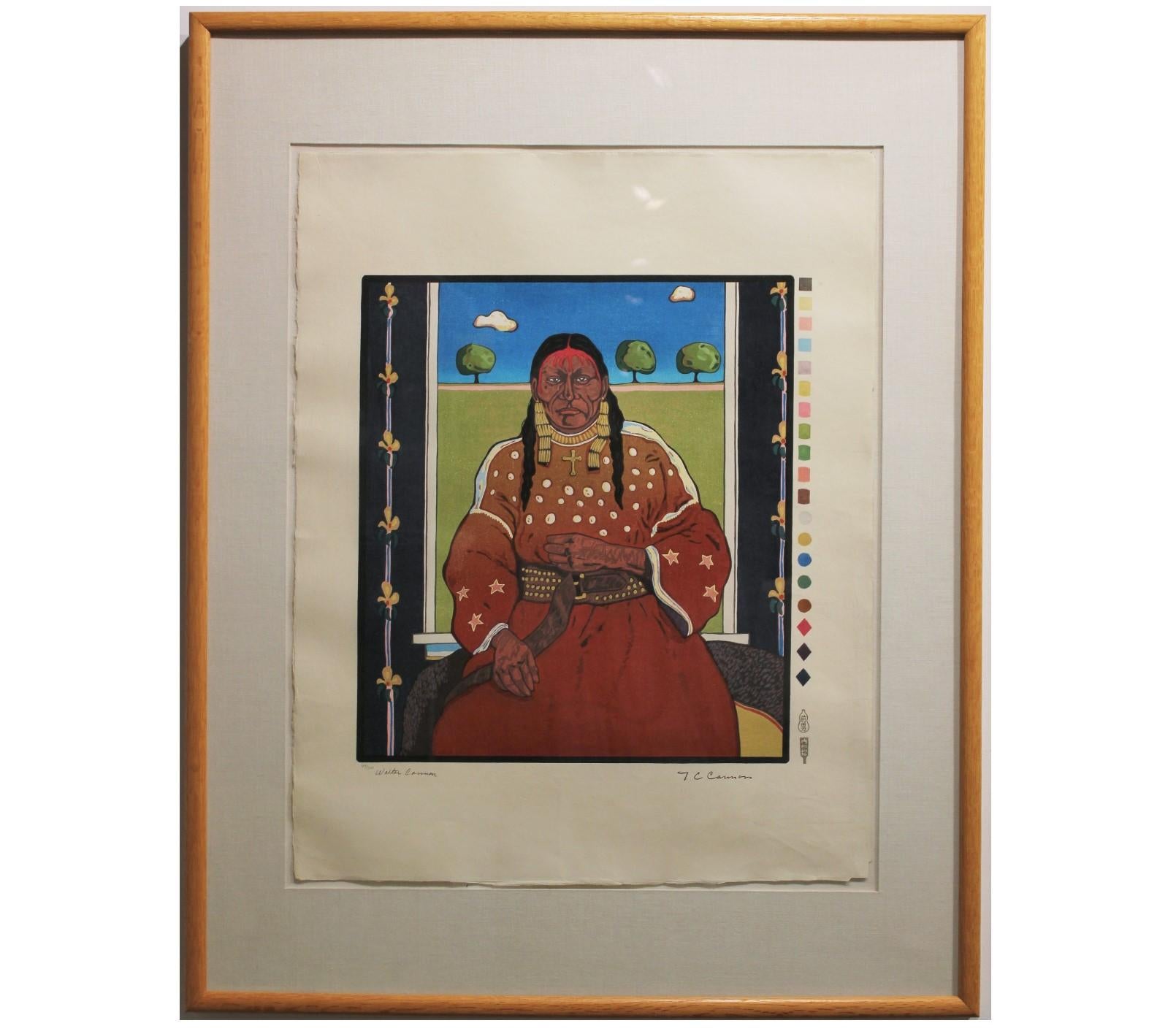 Bold and colorful portrait by renowned artist T.C. Cannon of a Native American woman in a red dress with a gold cross around her neck titled "Woman at the Window." Signed along bottom edge. Edition 44/200.  

Dimensions Without Frame: H 25.5 in. x W