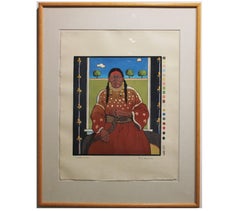 "Woman at the Window" Colorful Native American Woodcut Portrait Print Ed. 44/200
