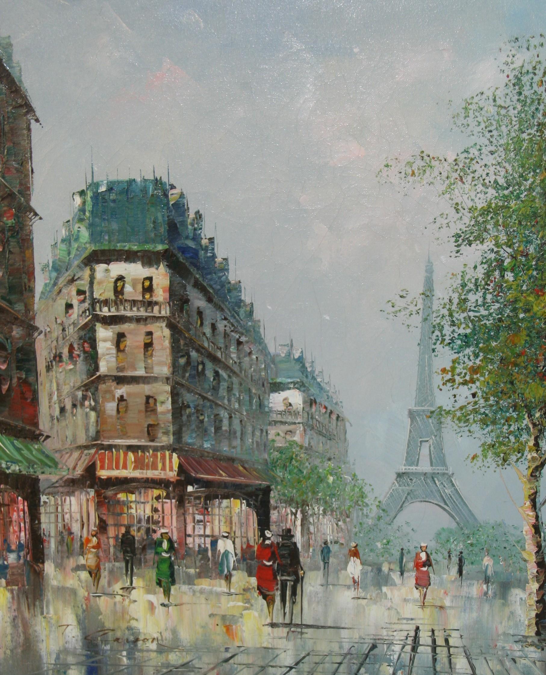 Parisiens marchant sur la Promenade de la Tour Eiffel - Gris Landscape Painting par T.Carson
