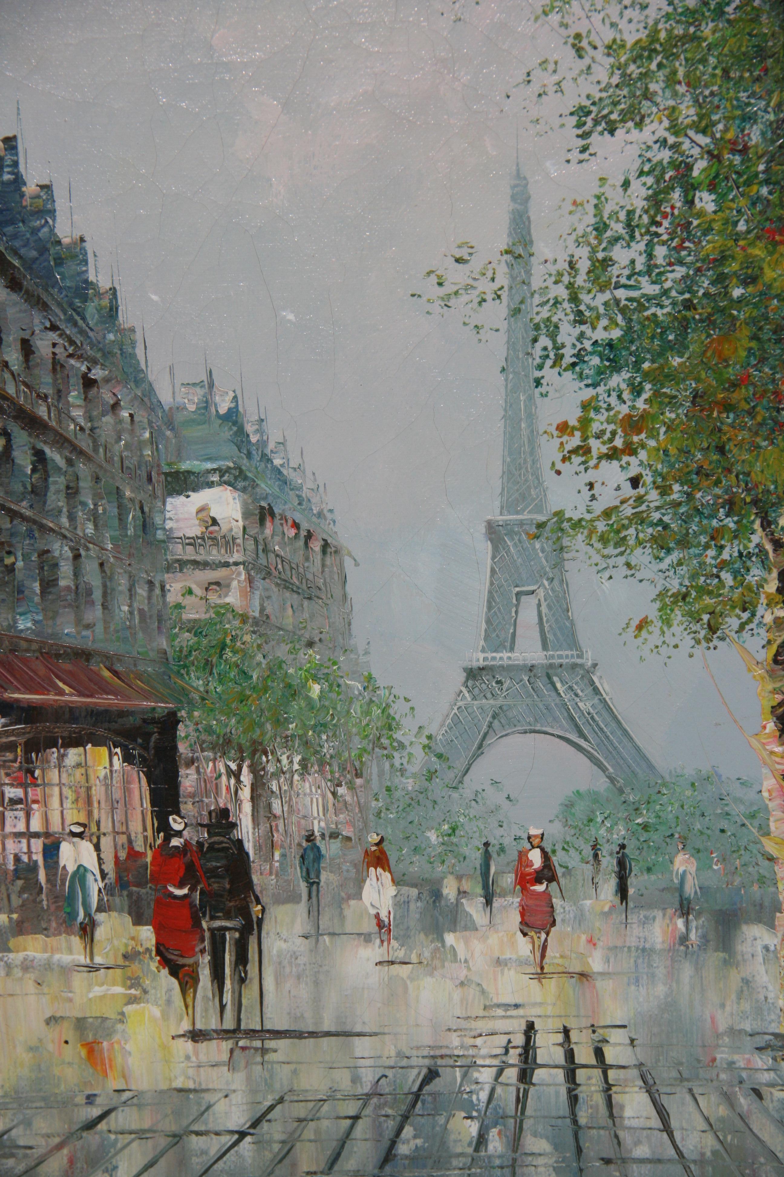 6110 Parisians promenating to the Eiffel tower large city scene
Large gilt frame . Image size 16x20