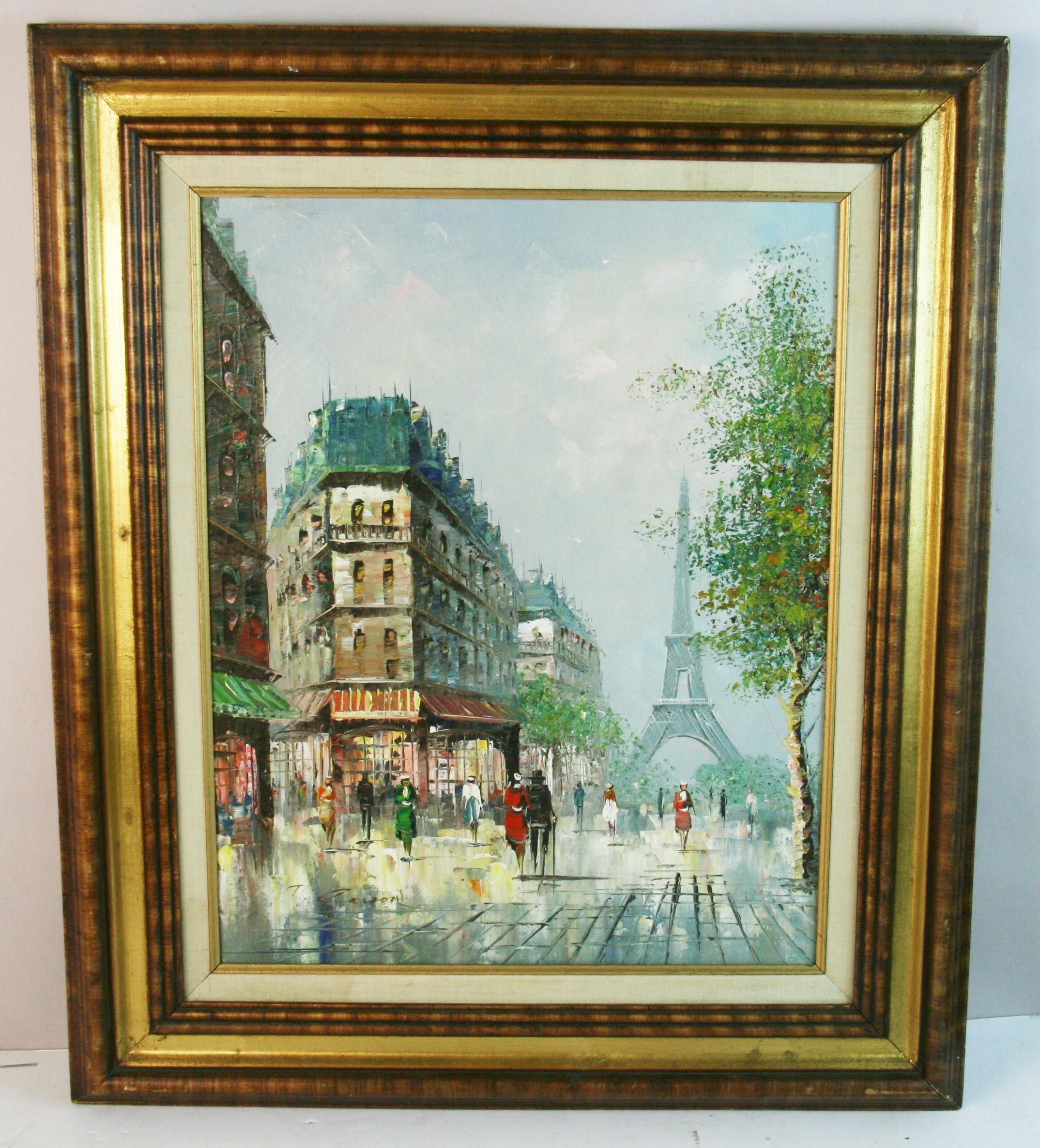 Landscape Painting T.Carson - Parisiens marchant sur la Promenade de la Tour Eiffel