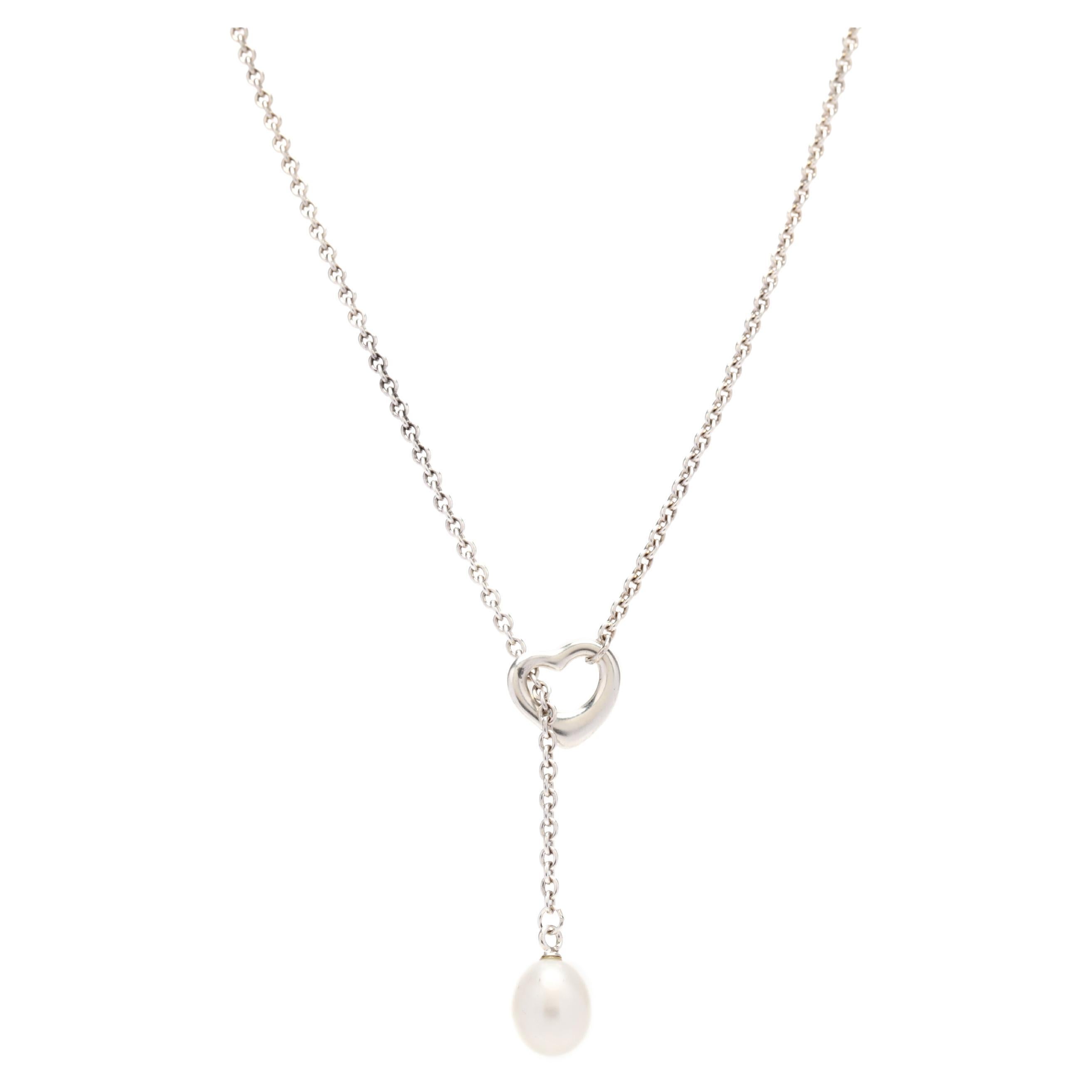 T&Co Sterling Silver Pearl & Heart Lariat Necklace
