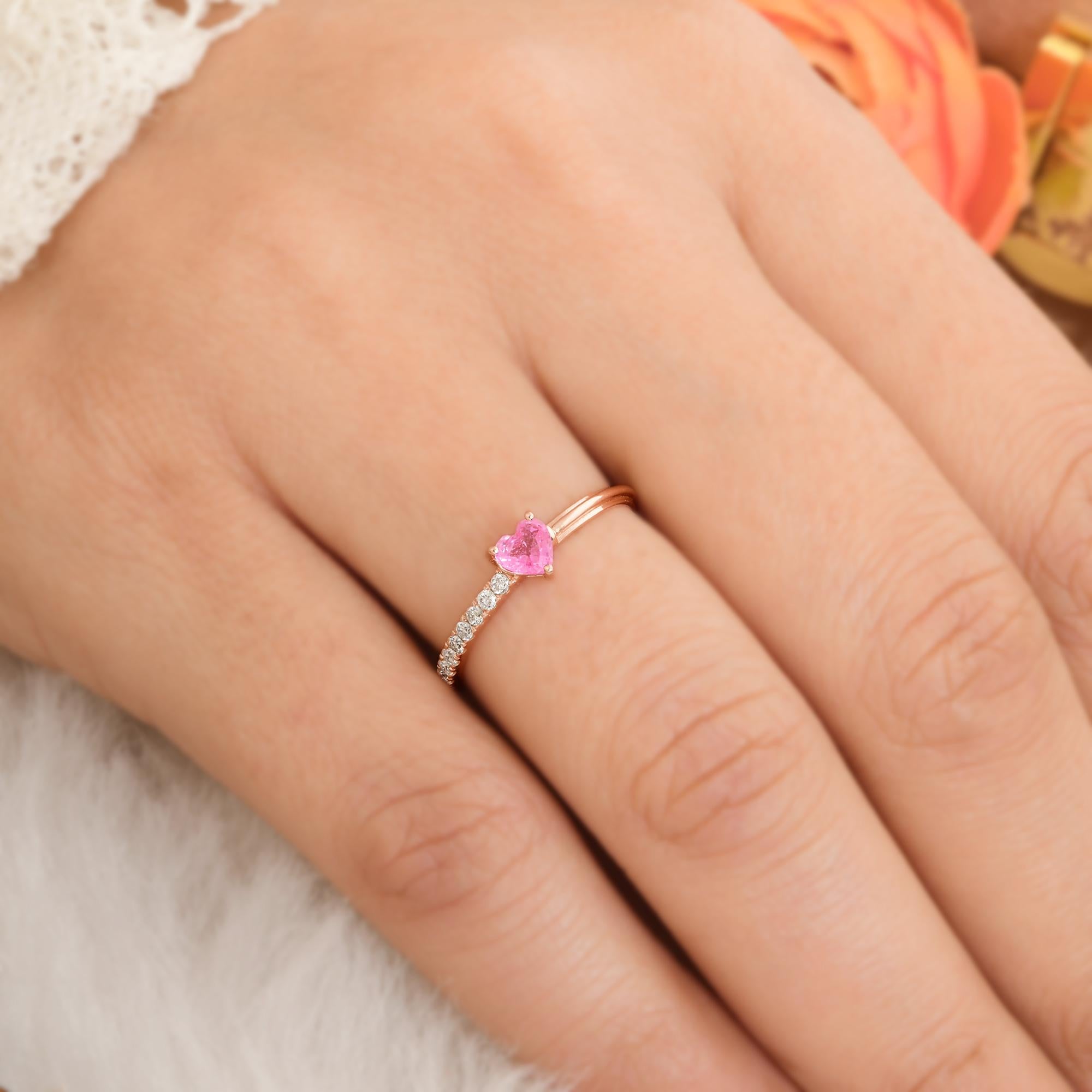 En venta: TCW 0.52 Corazón Zafiro Rosa Diamante Anillo de Promesa 14k Oro Rosa Joyería Fina  2